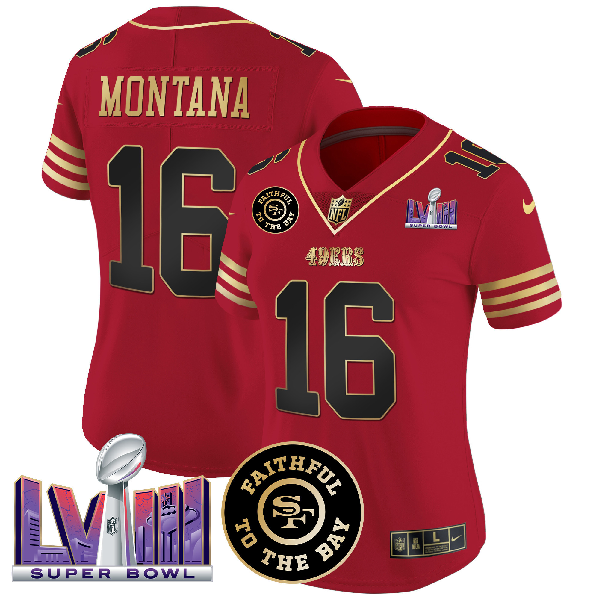 Joe Montana Women's San Francisco 49ers  Faithful & Super Bowl LVIII Patch Vapor Black Scarlet Jersey - All Stitched
