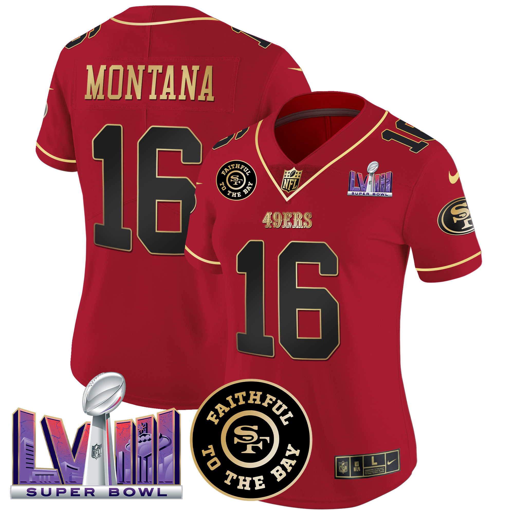 Joe Montana Women's San Francisco 49ers  Faithful & Super Bowl LVIII Patch Vapor Scarlet Limited Jersey - All Stitched
