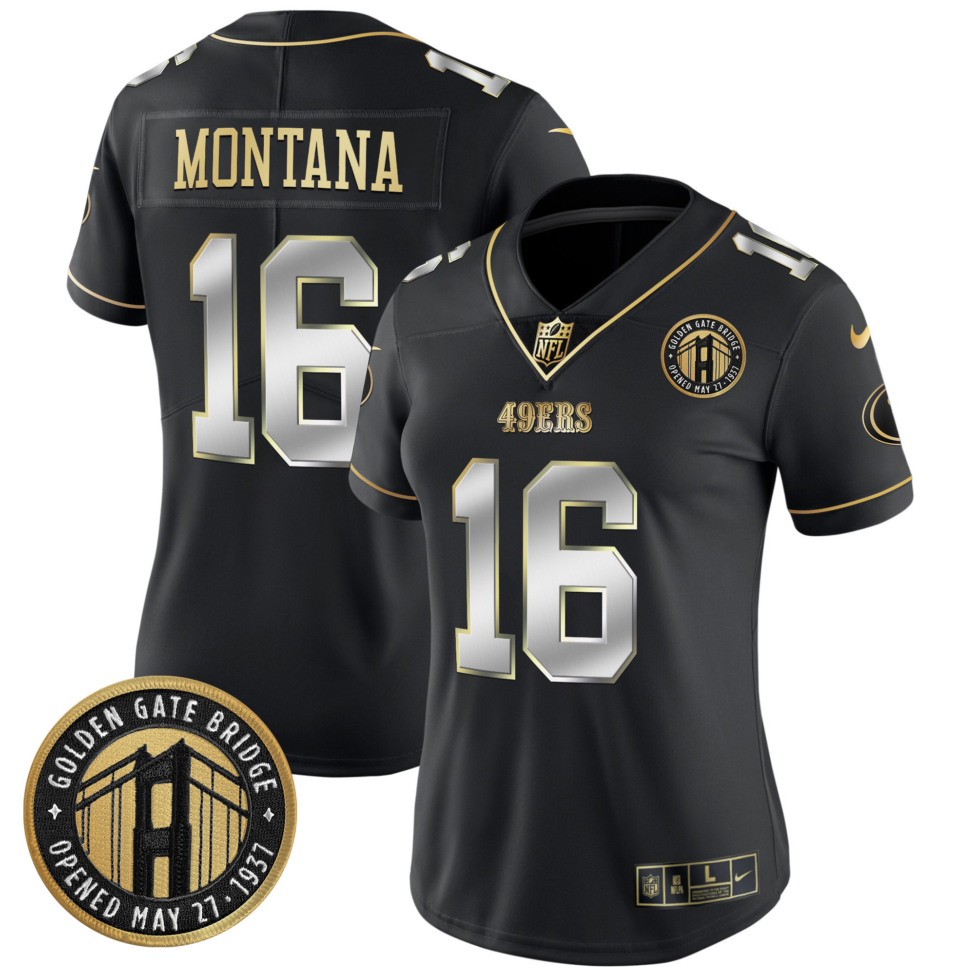 Joe Montana Women's San Francisco 49ers Golden Gate Bridge Patch Vapor Limited Black Limited Jersey - All Stitched