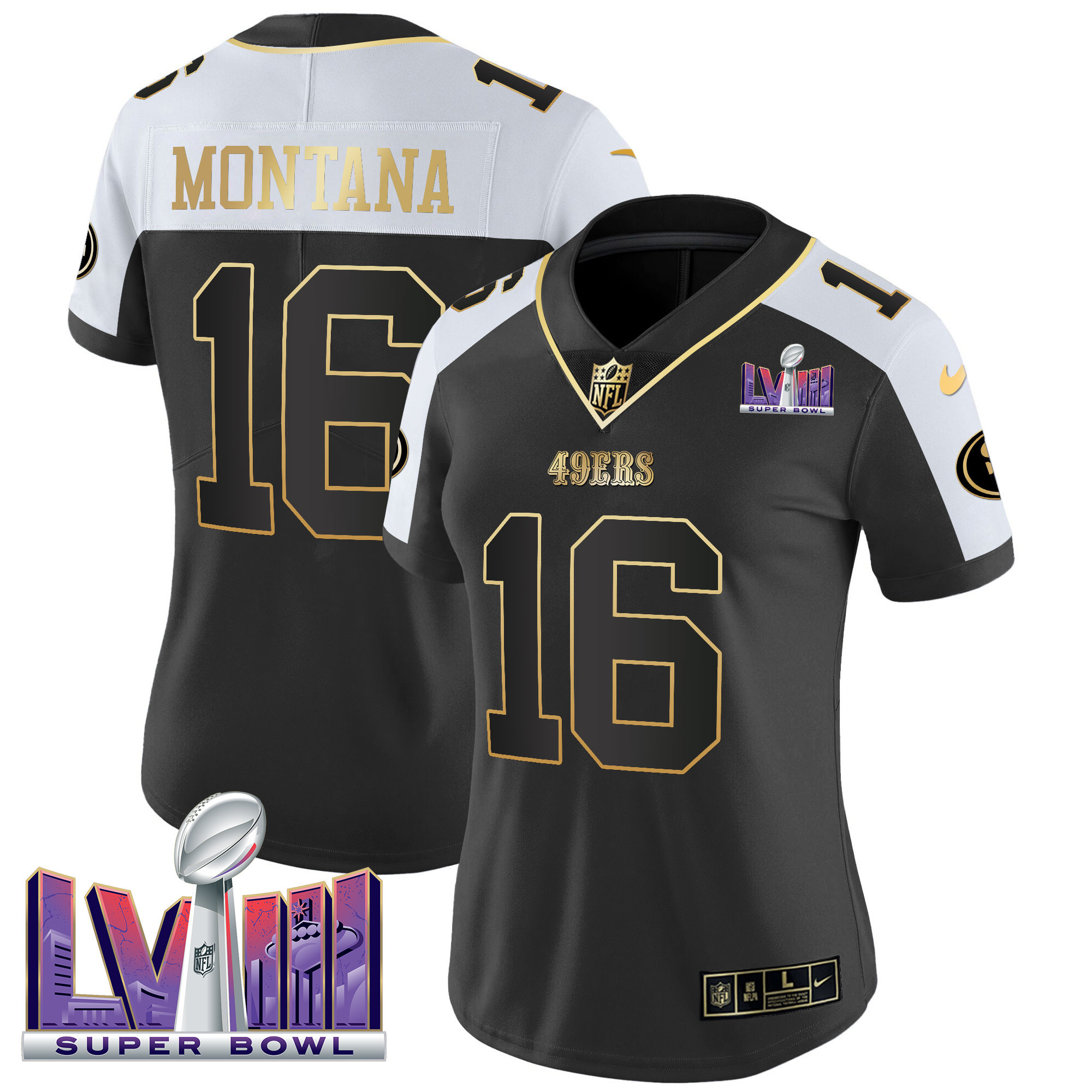 Joe Montana Women's San Francisco 49ers  Super Bowl LVIII Patch Vapor Black Alternate Jersey - All Stitched