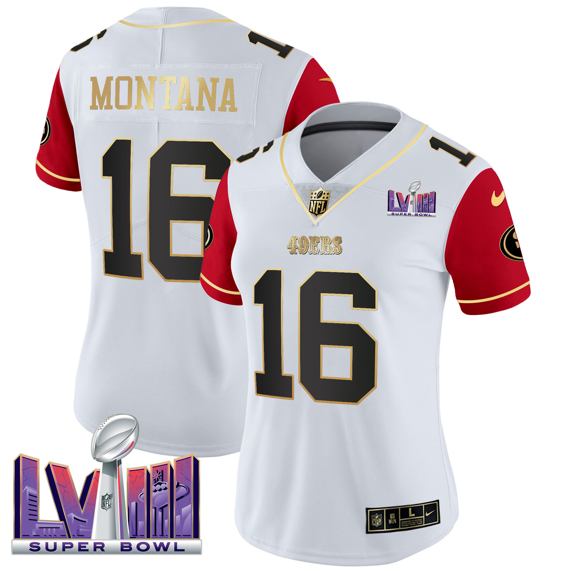 Joe Montana Women's San Francisco 49ers  Super Bowl LVIII Patch Vapor Color Sleeves Jersey - All Stitched
