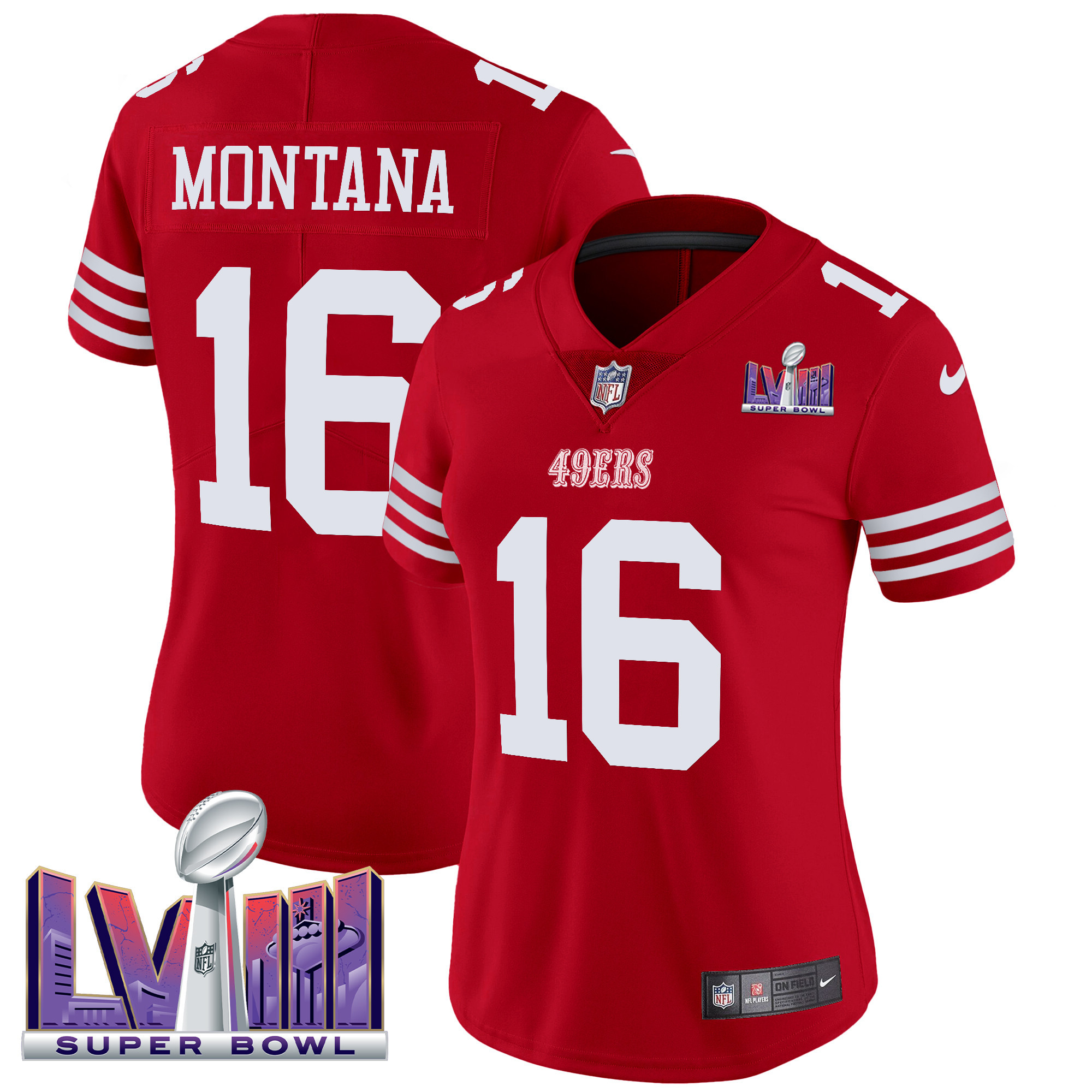 Joe Montana Women's San Francisco 49ers Super Bowl LVIII Patch Vapor Limited Red Jersey - All Stitched