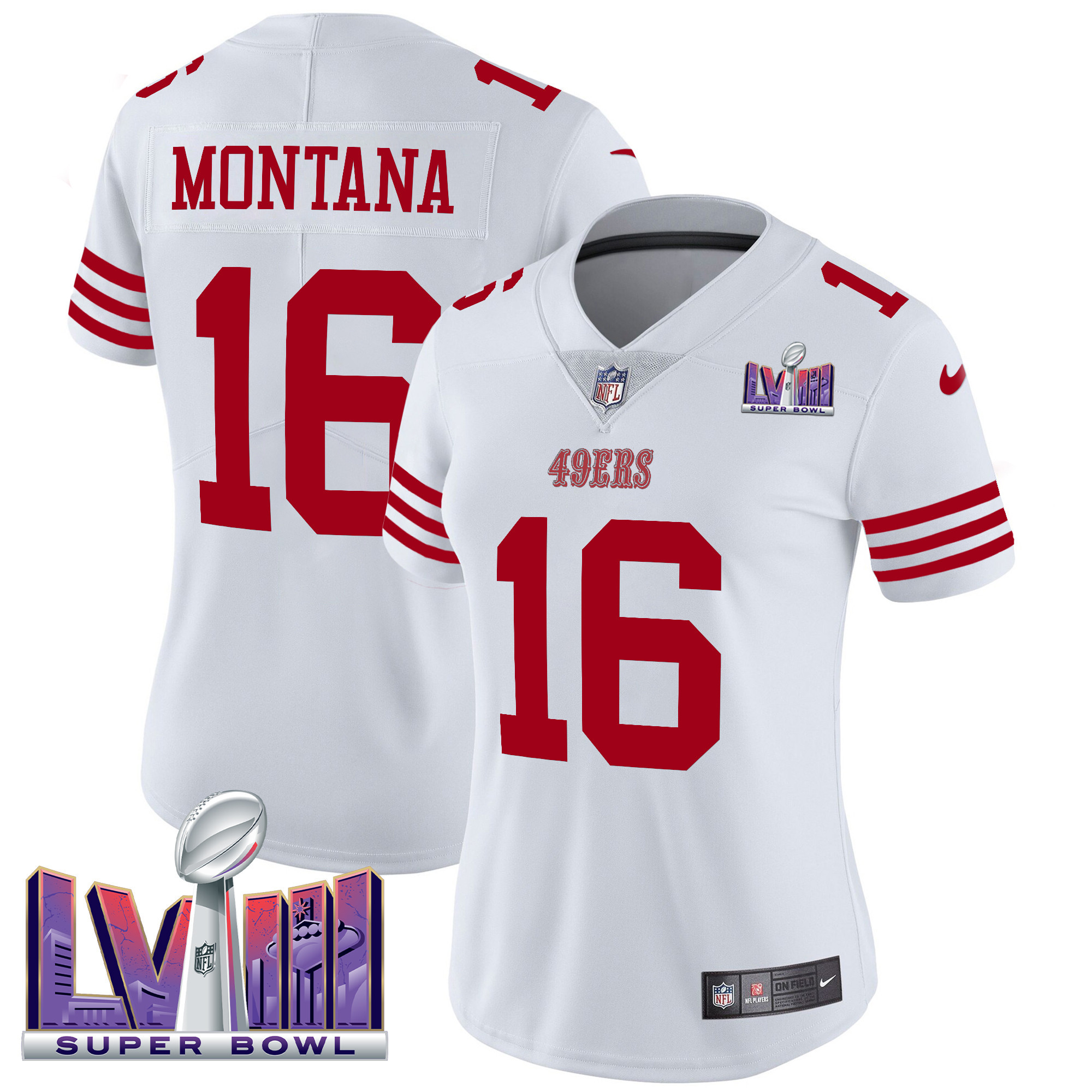 Joe Montana Women's San Francisco 49ers Super Bowl LVIII Patch Vapor Limited White Jersey - All Stitched