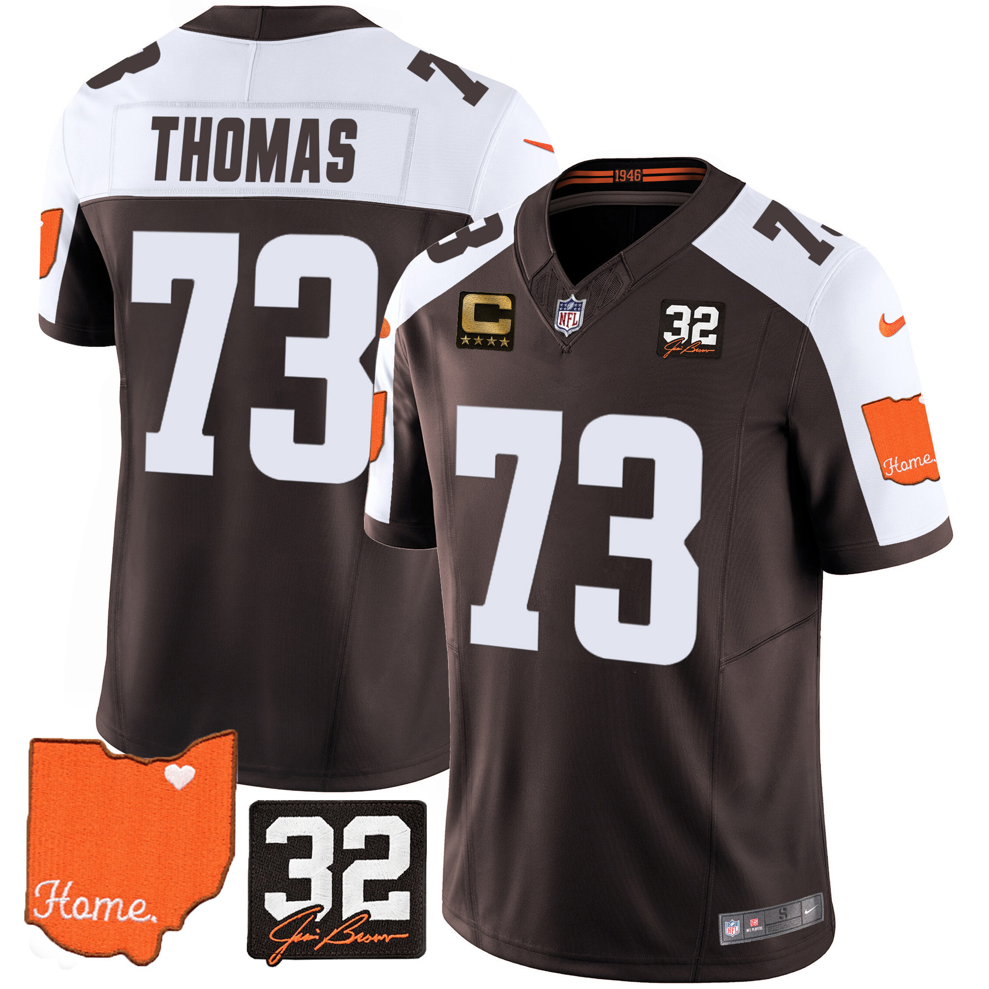 Joe Thomas Men's Cleveland Browns #32 Jim Brown Memorial & Home Patch Alternate Jersey - All Stitched