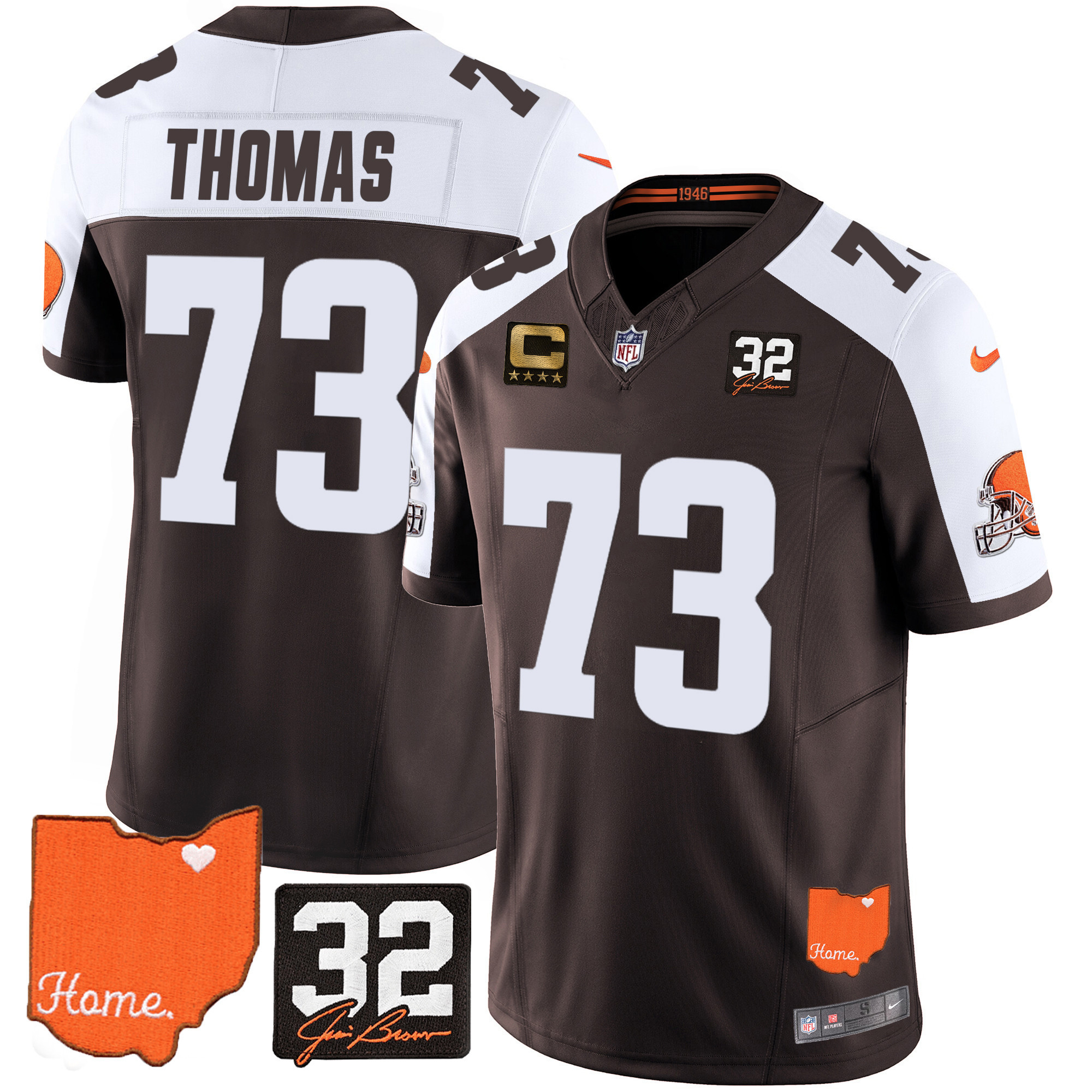 Joe Thomas Men's Cleveland Browns #32 Jim Brown Memorial & Home Patch Alternate Jersey - All Stitched