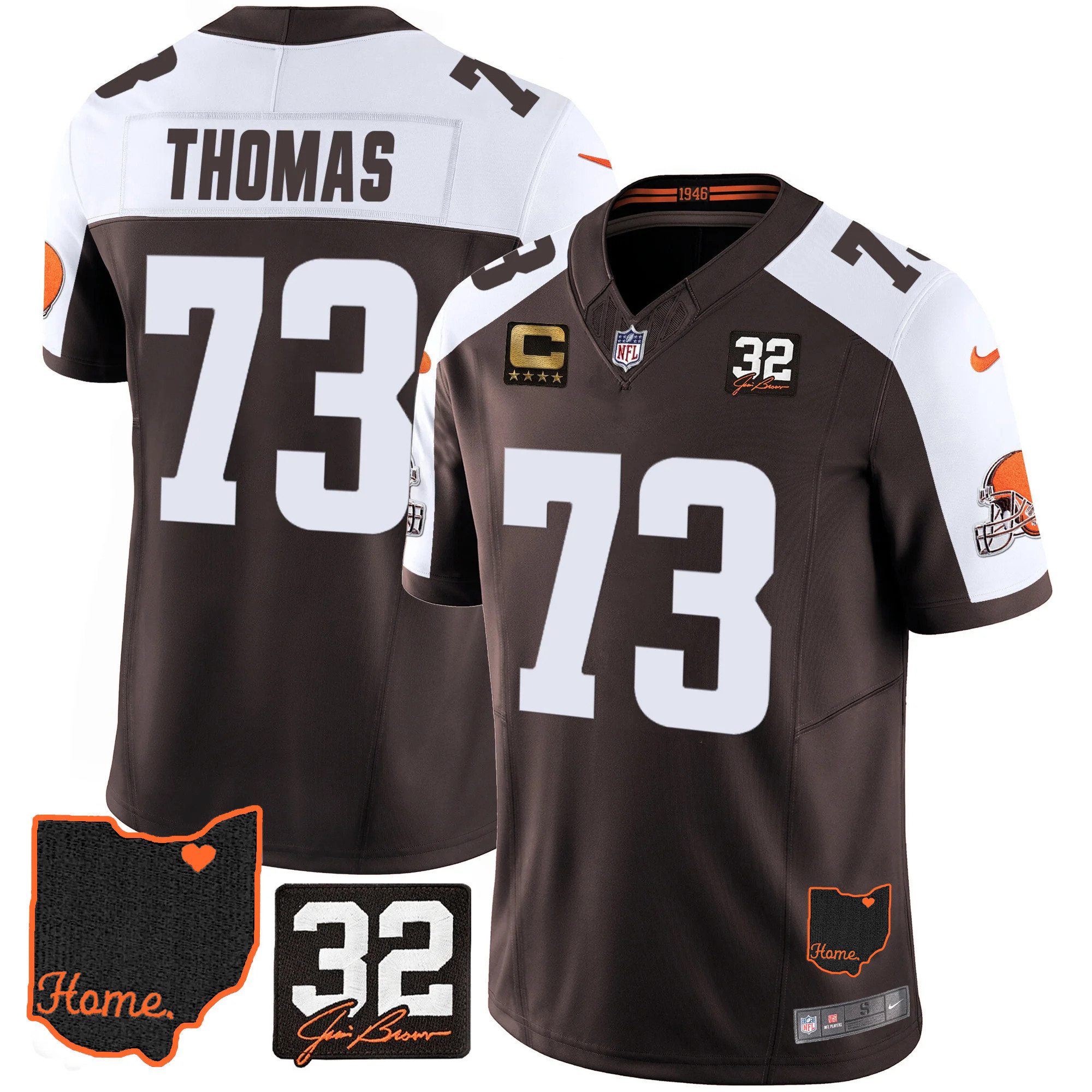 Joe Thomas Men's Cleveland Browns #32 Jim Brown Memorial & Home Patch Alternate Jersey - All Stitched