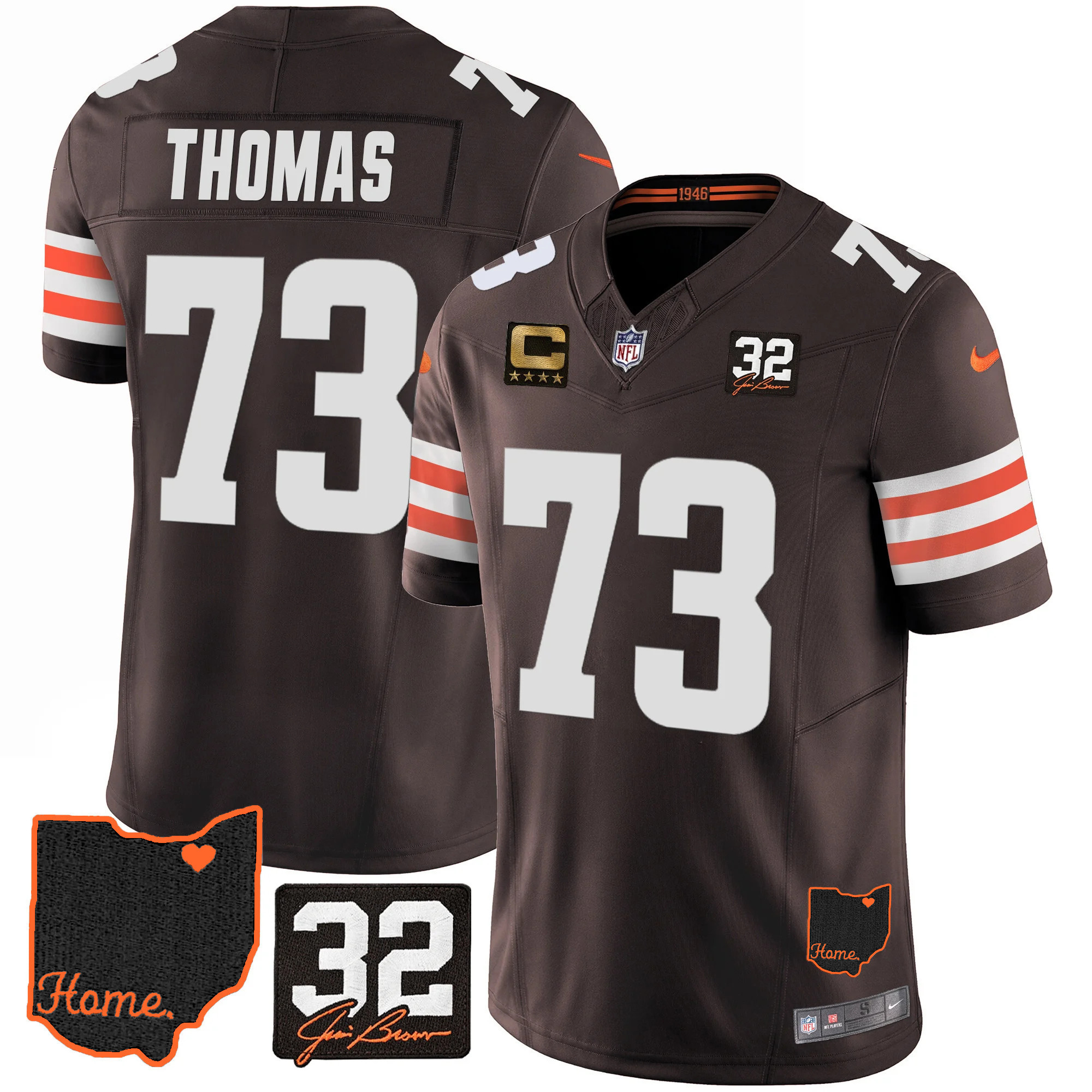 Joe Thomas Men's Cleveland Browns #32 Jim Brown Memorial & Home Patch Brown Jersey - All Stitched