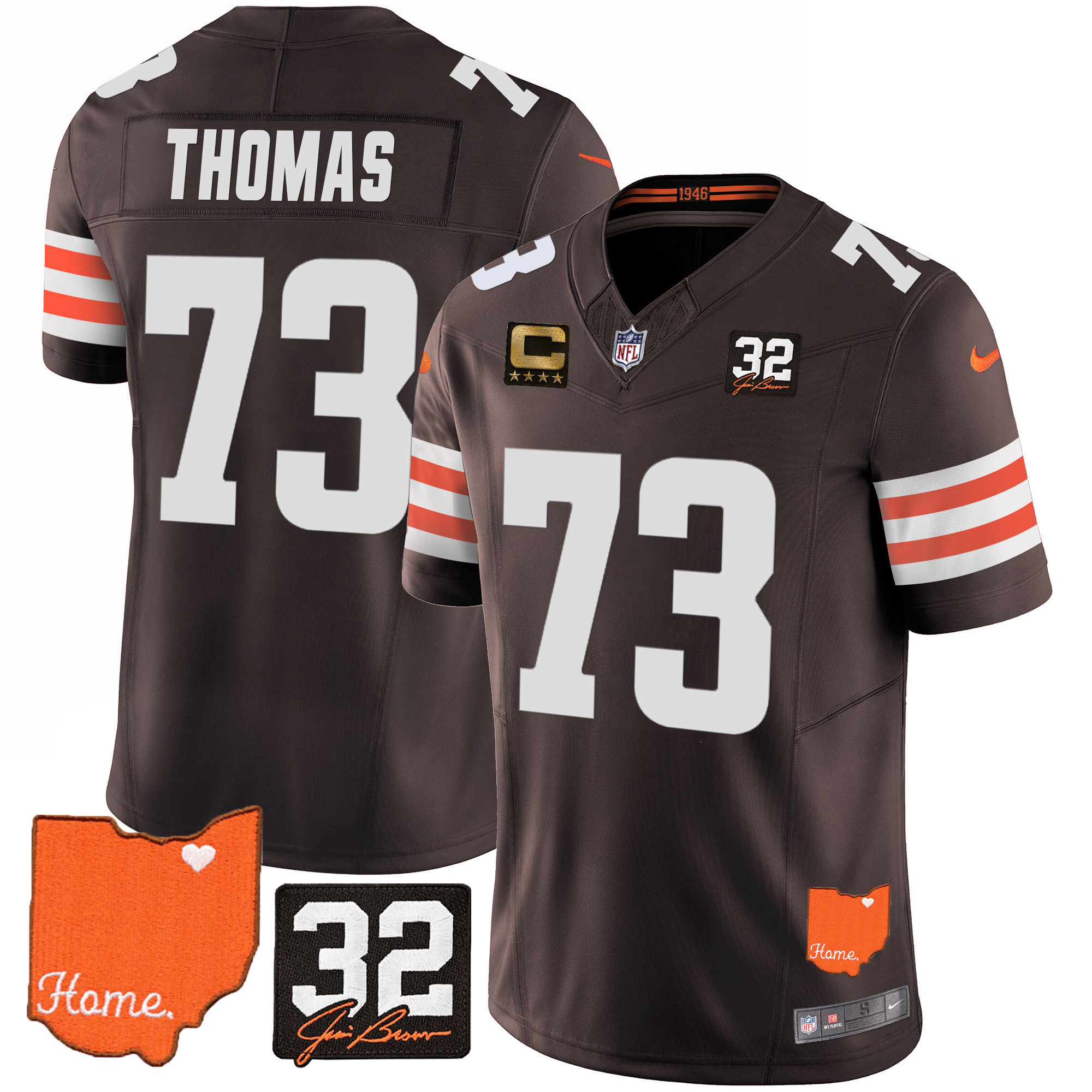 Joe Thomas Men's Cleveland Browns #32 Jim Brown Memorial & Home Patch Brown Jersey - All Stitched
