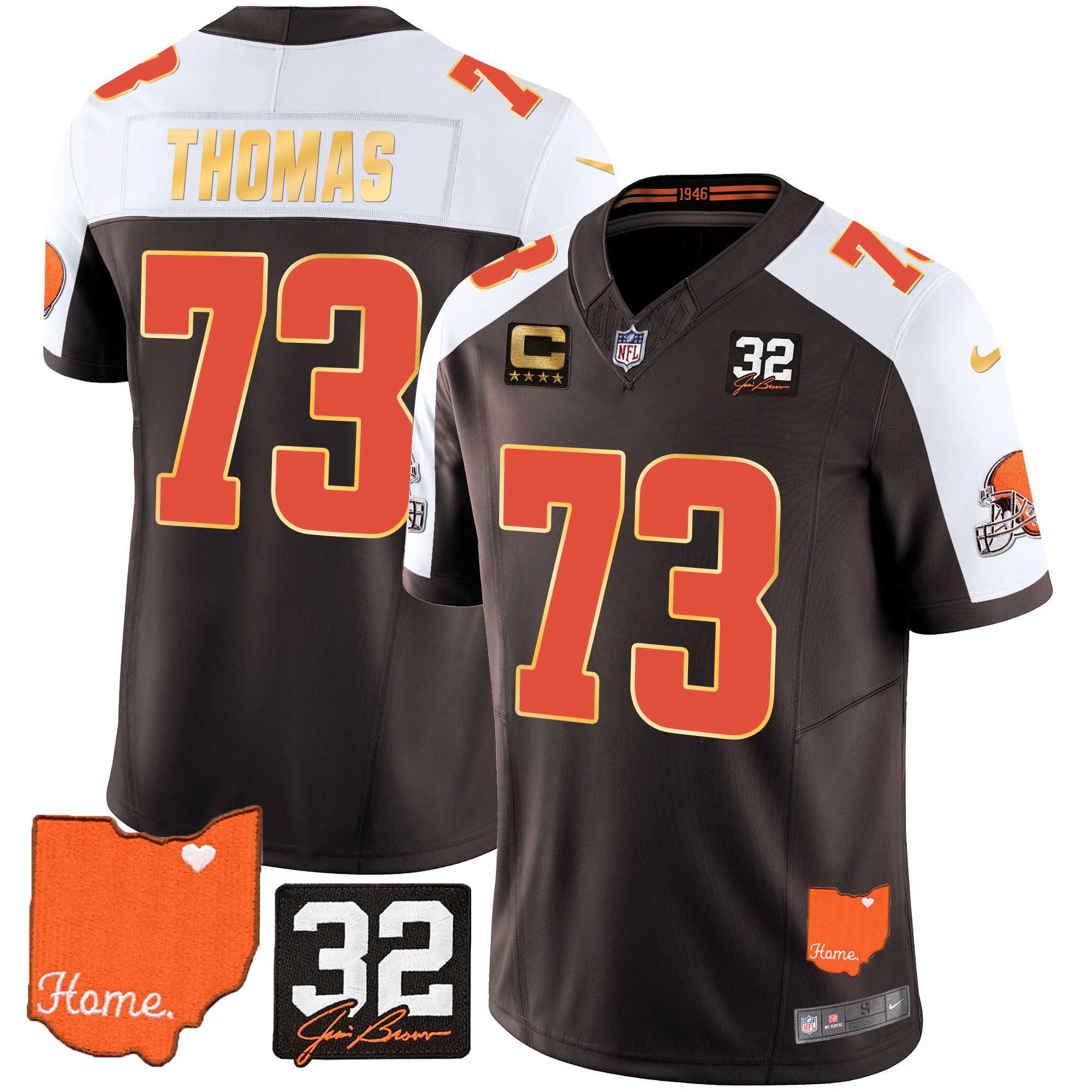 Joe Thomas Men's Cleveland Browns #32 Jim Brown Memorial & Home Patch Gold Trim Alternate Jersey - All Stitched