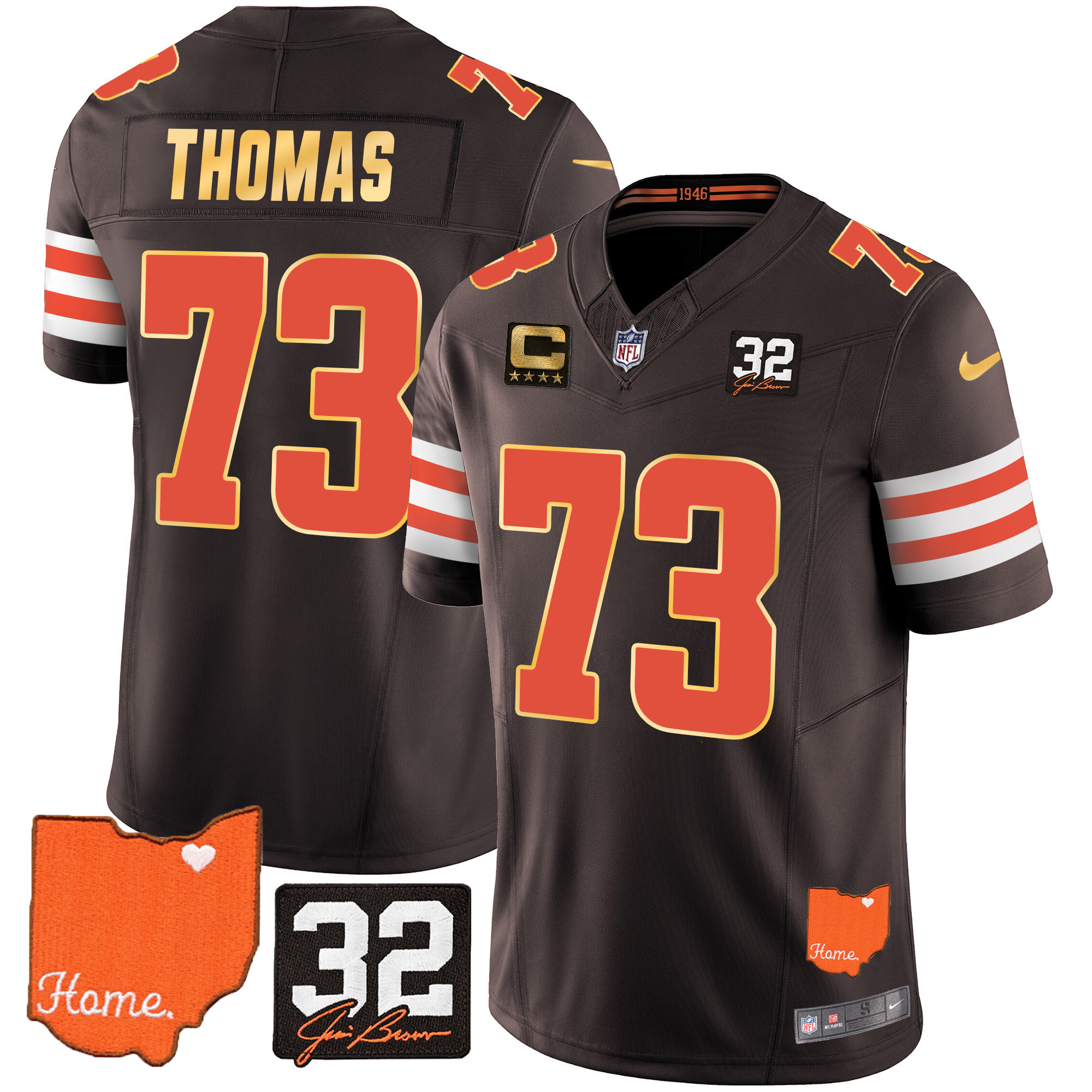 Joe Thomas Men's Cleveland Browns #32 Jim Brown Memorial & Home Patch Gold Trim Brown Jersey - All Stitched