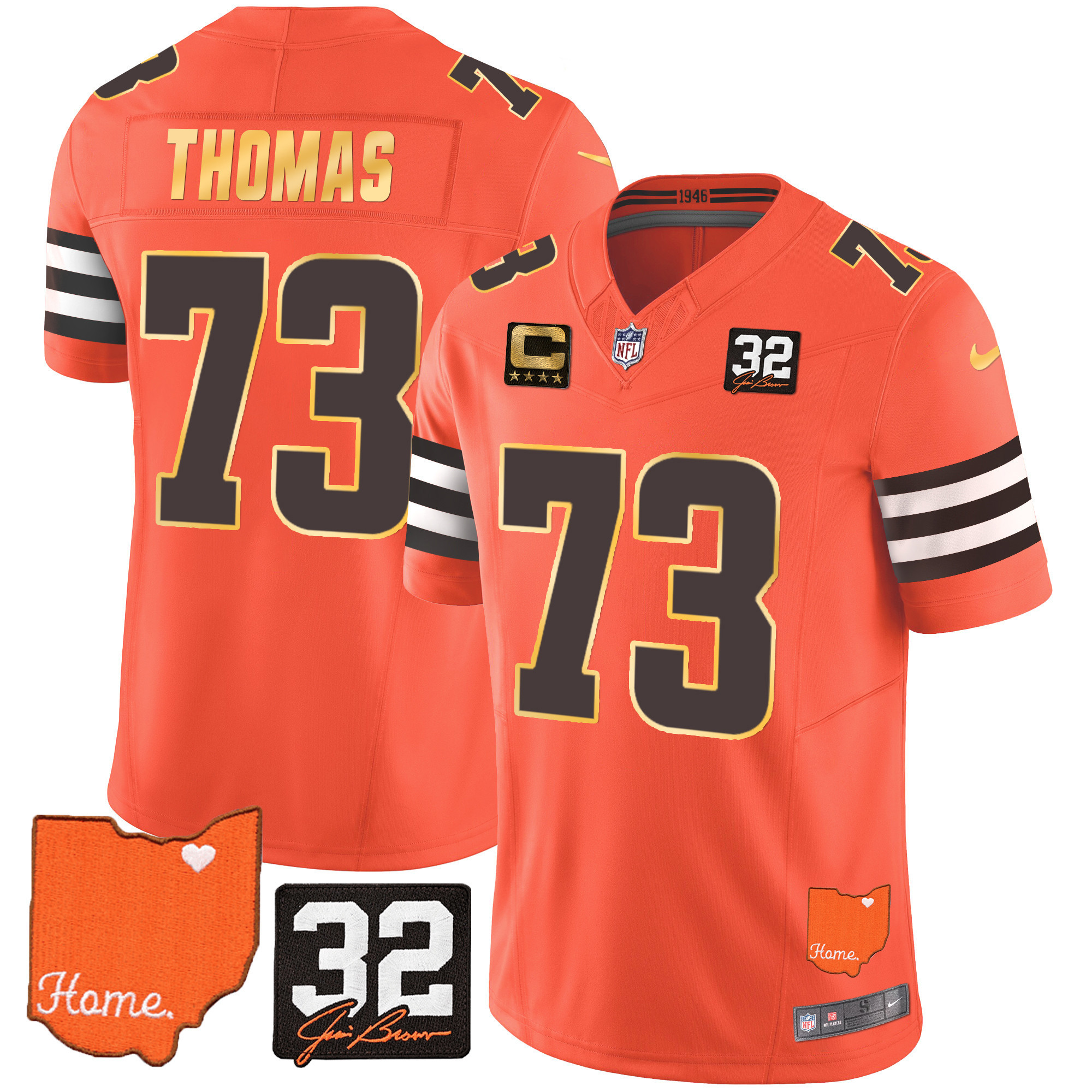 Joe Thomas Men's Cleveland Browns #32 Jim Brown Memorial & Home Patch Gold Trim Orange Jersey - All Stitched
