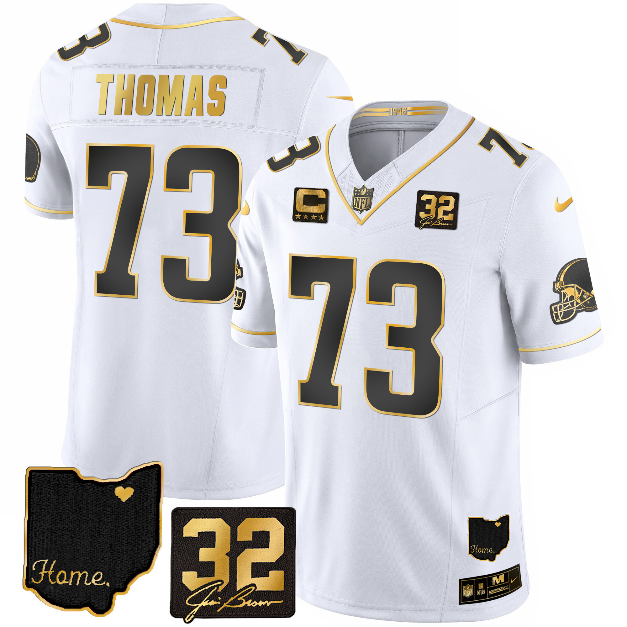 Joe Thomas Men's Cleveland Browns #32 Jim Brown Memorial & Home Patch Gold White Gold Jersey - All Stitched