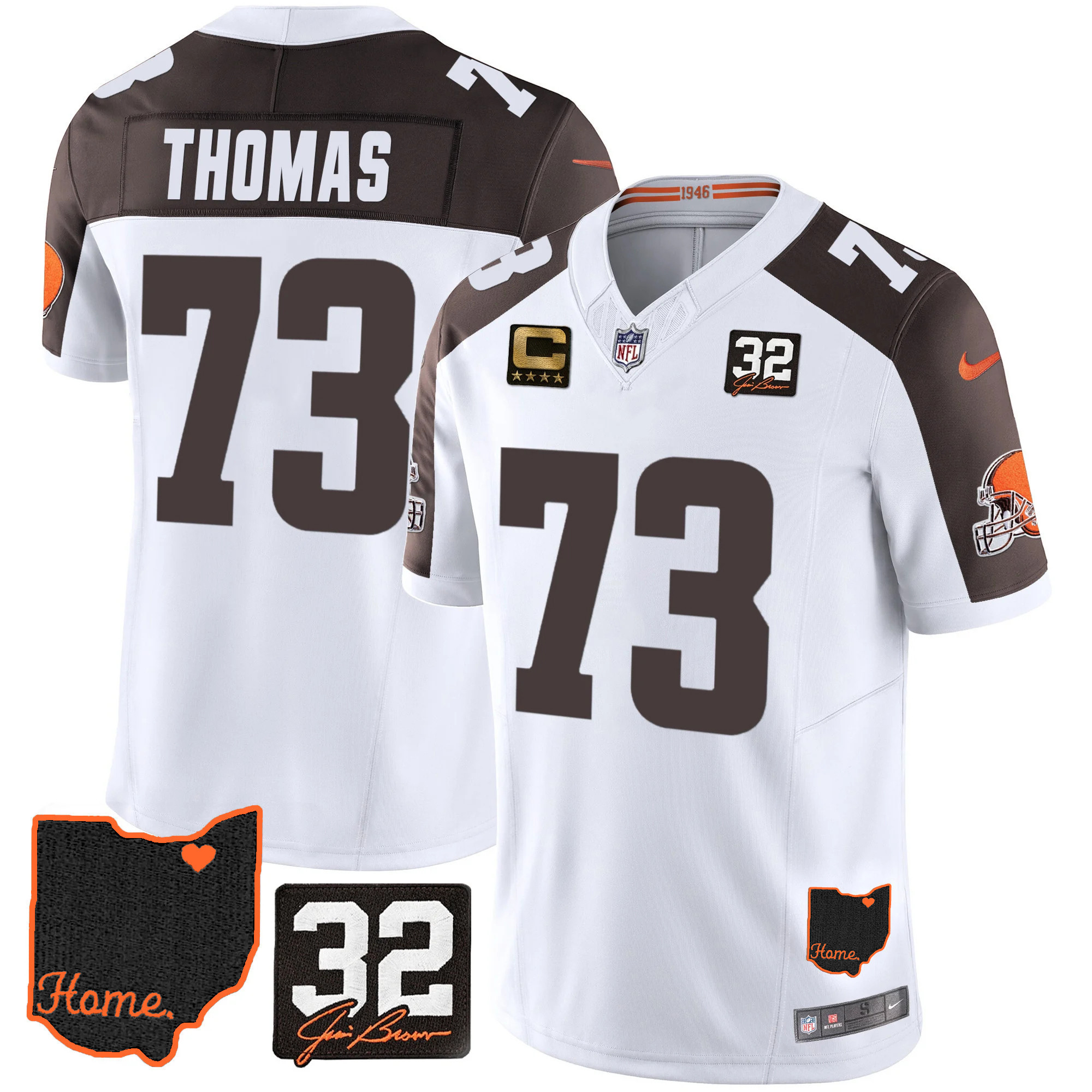 Joe Thomas Men's Cleveland Browns #32 Jim Brown Memorial & Home Patch Inverted Jersey - All Stitched
