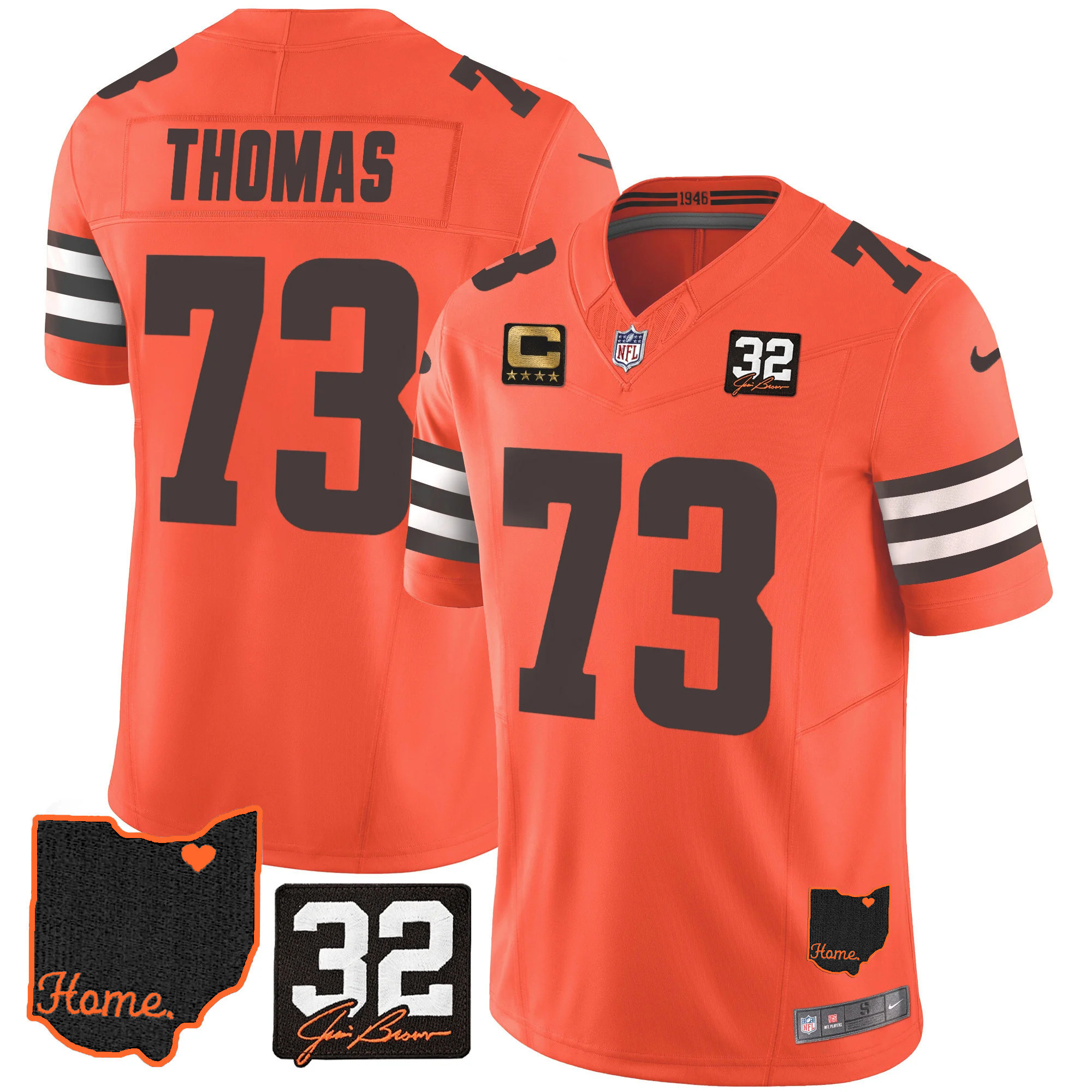 Joe Thomas Men's Cleveland Browns #32 Jim Brown Memorial & Home Patch Orange Jersey - All Stitched