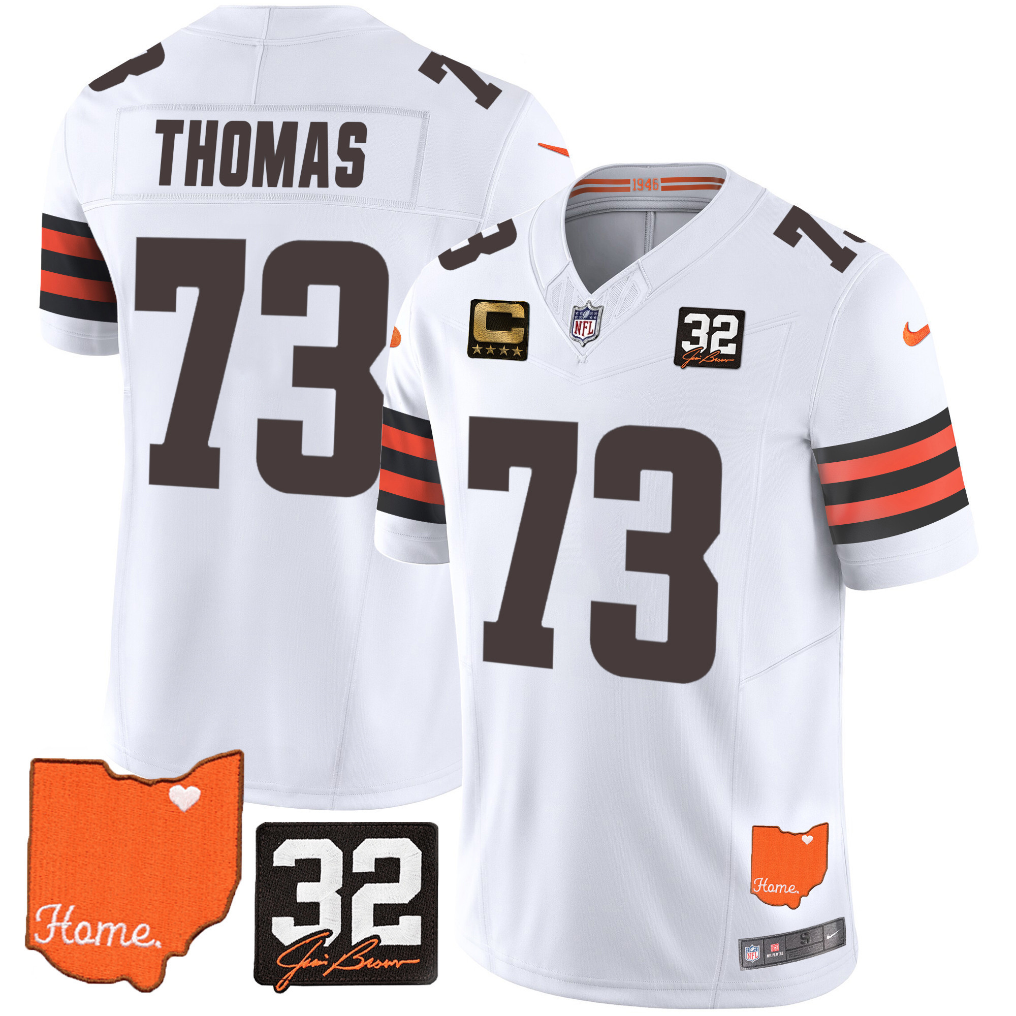Joe Thomas Men's Cleveland Browns #32 Jim Brown Memorial & Home Patch White Jersey - All Stitched