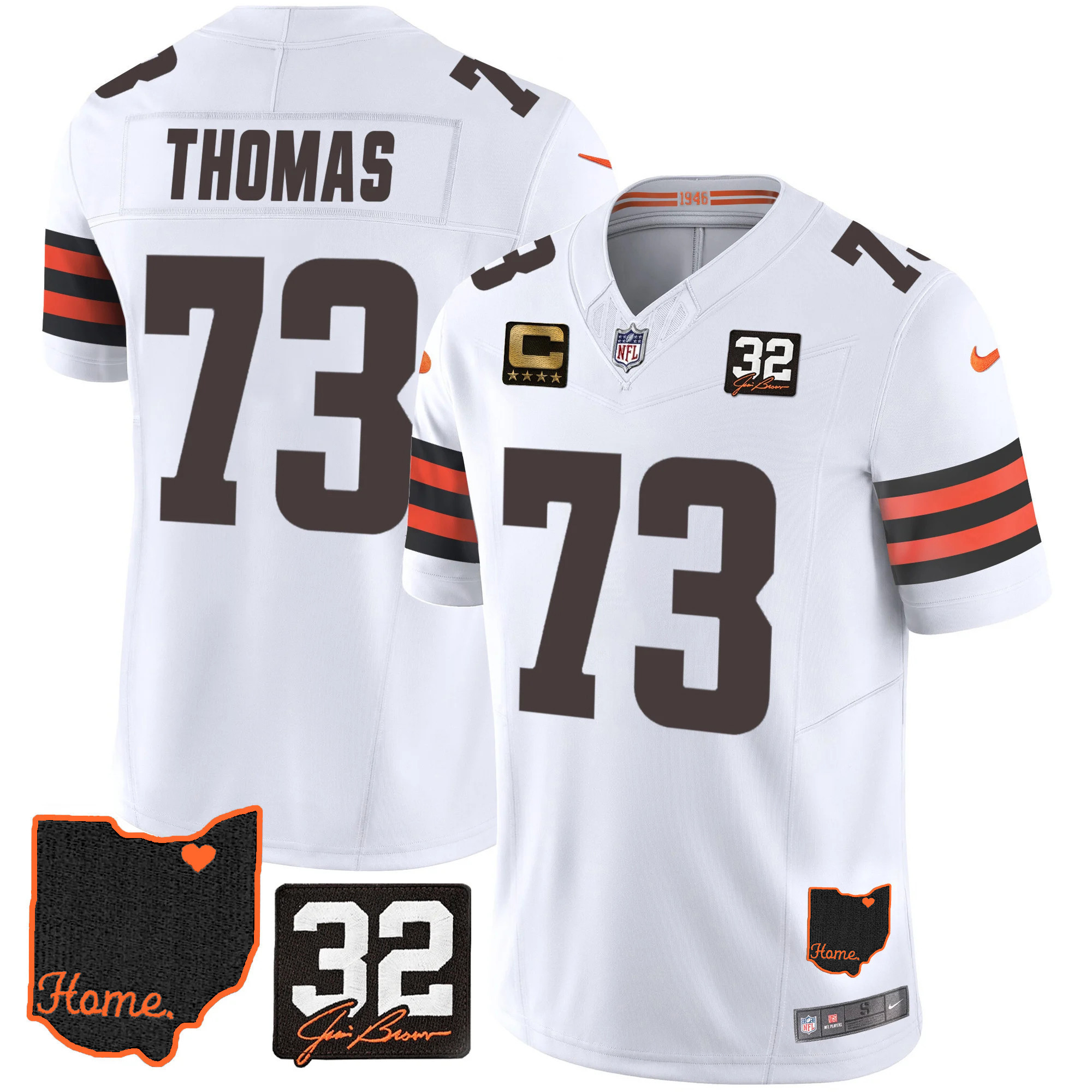 Joe Thomas Men's Cleveland Browns #32 Jim Brown Memorial & Home Patch White Jersey - All Stitched