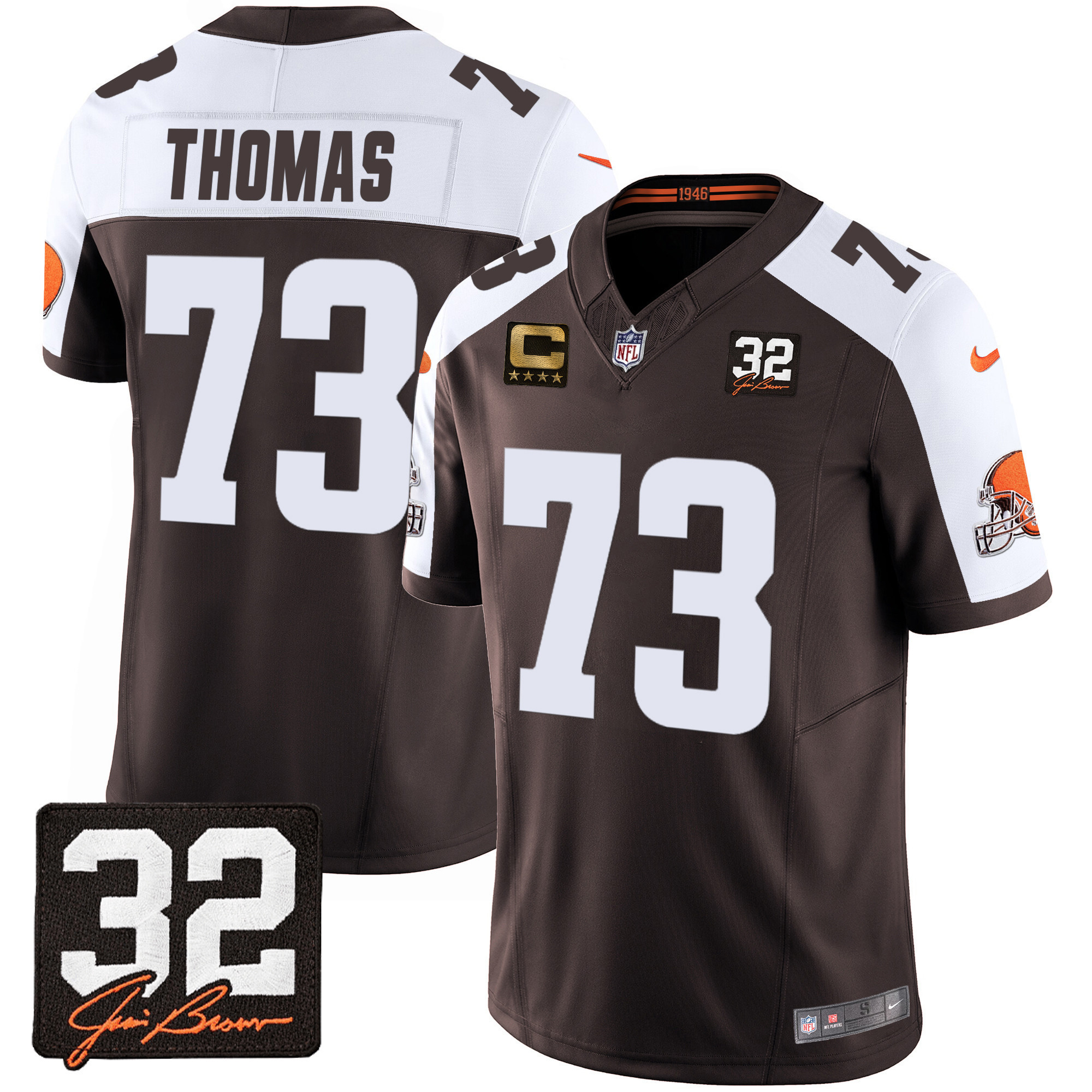 Joe Thomas Men's Cleveland Browns #32 Jim Brown Memorial Patch Alternate Jersey - All Stitched