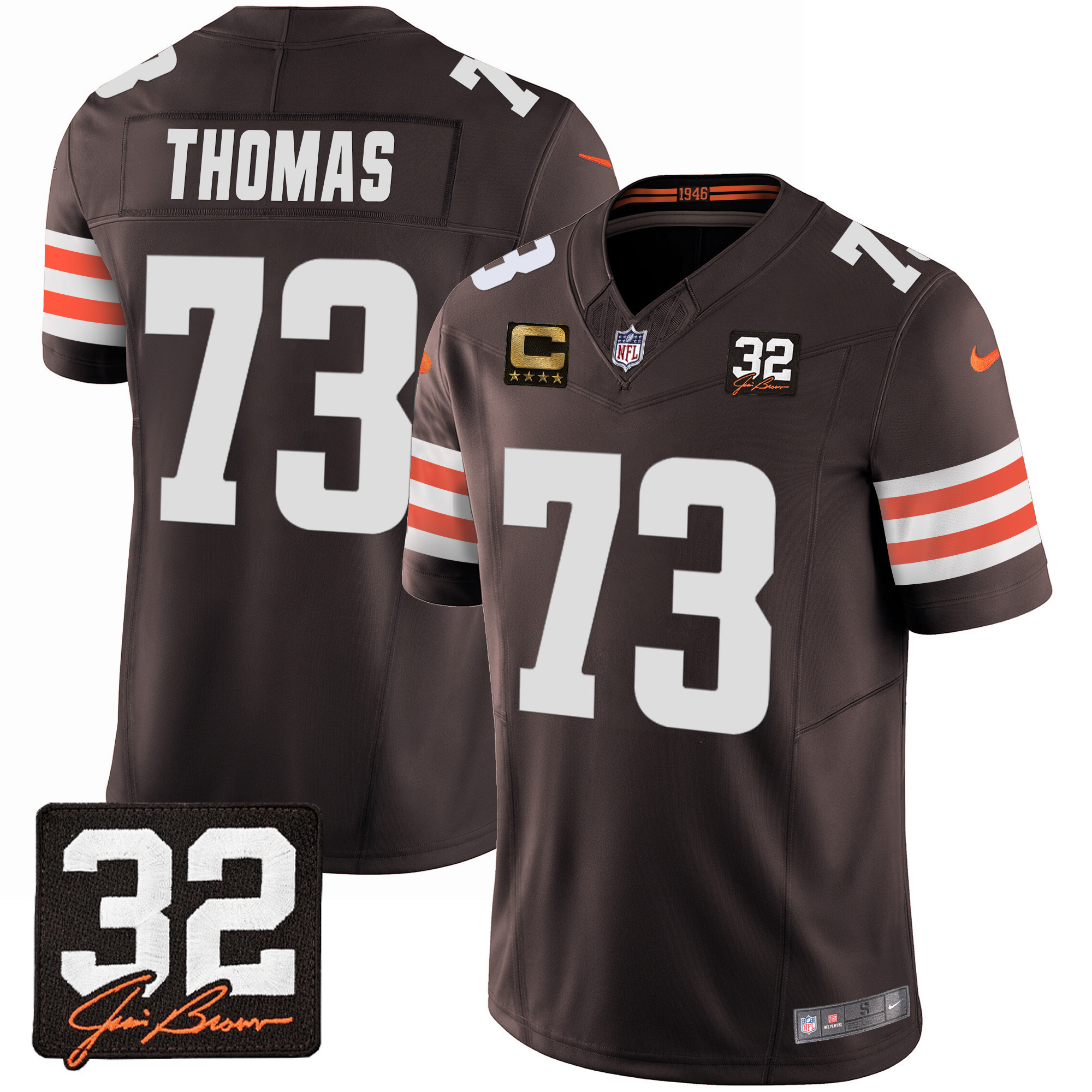 Joe Thomas Men's Cleveland Browns #32 Jim Brown Memorial Patch Brown Jersey - All Stitched