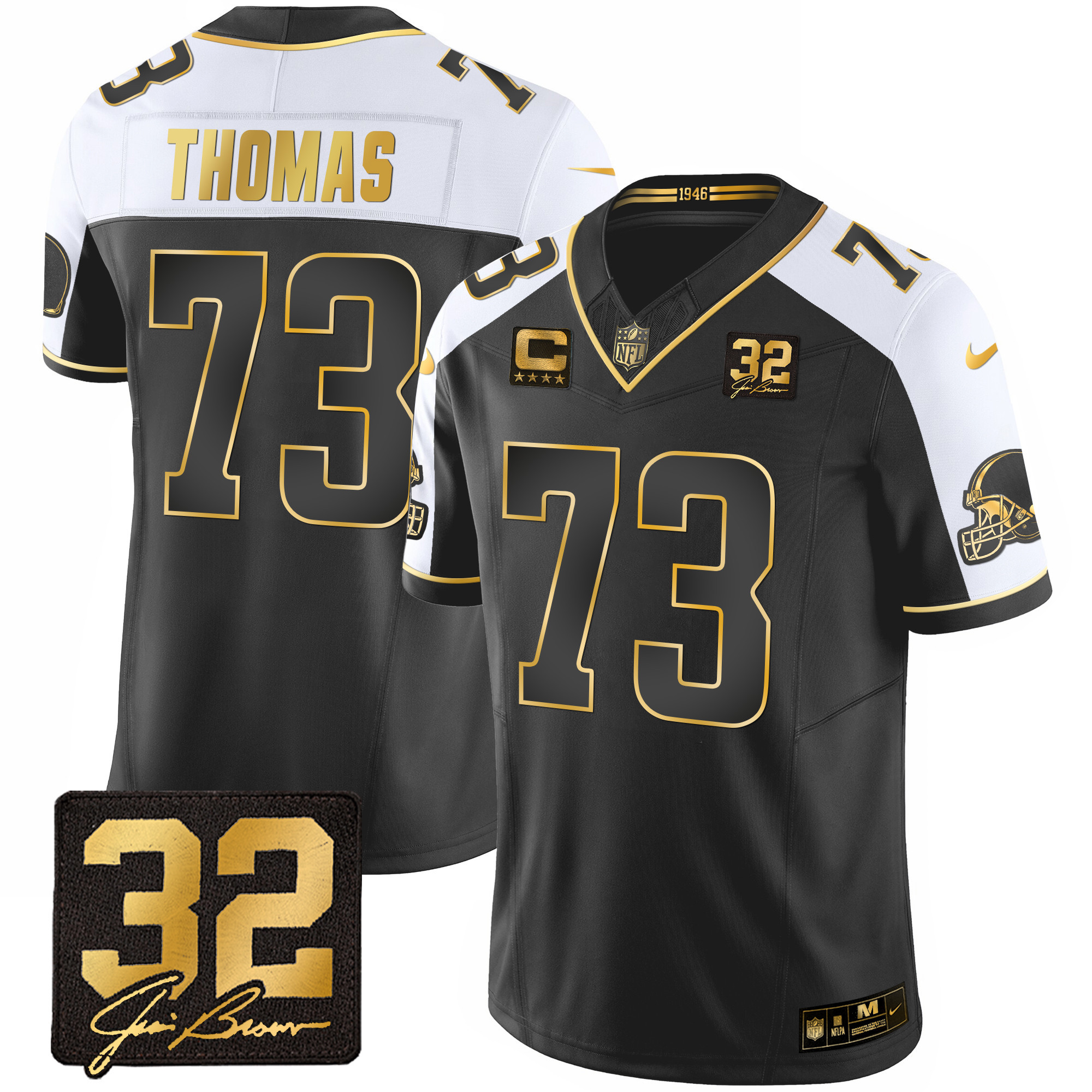 Joe Thomas Men's Cleveland Browns #32 Jim Brown Memorial Patch Gold Alternate Jersey - All Stitched