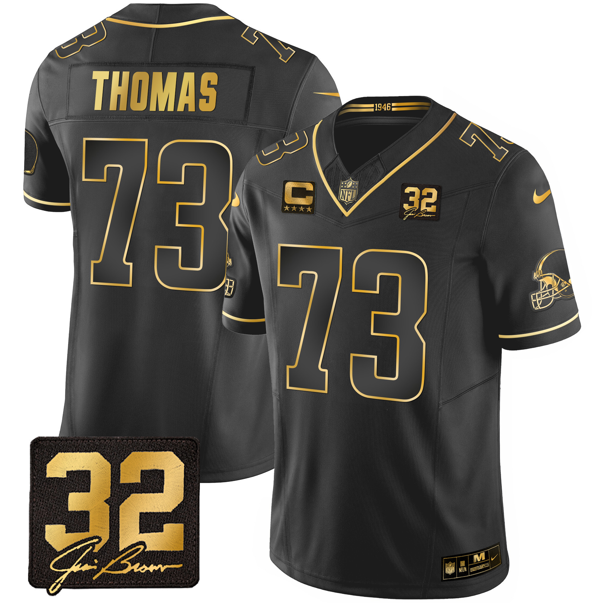 Joe Thomas Men's Cleveland Browns #32 Jim Brown Memorial Patch Gold Black Gold Jersey - All Stitched