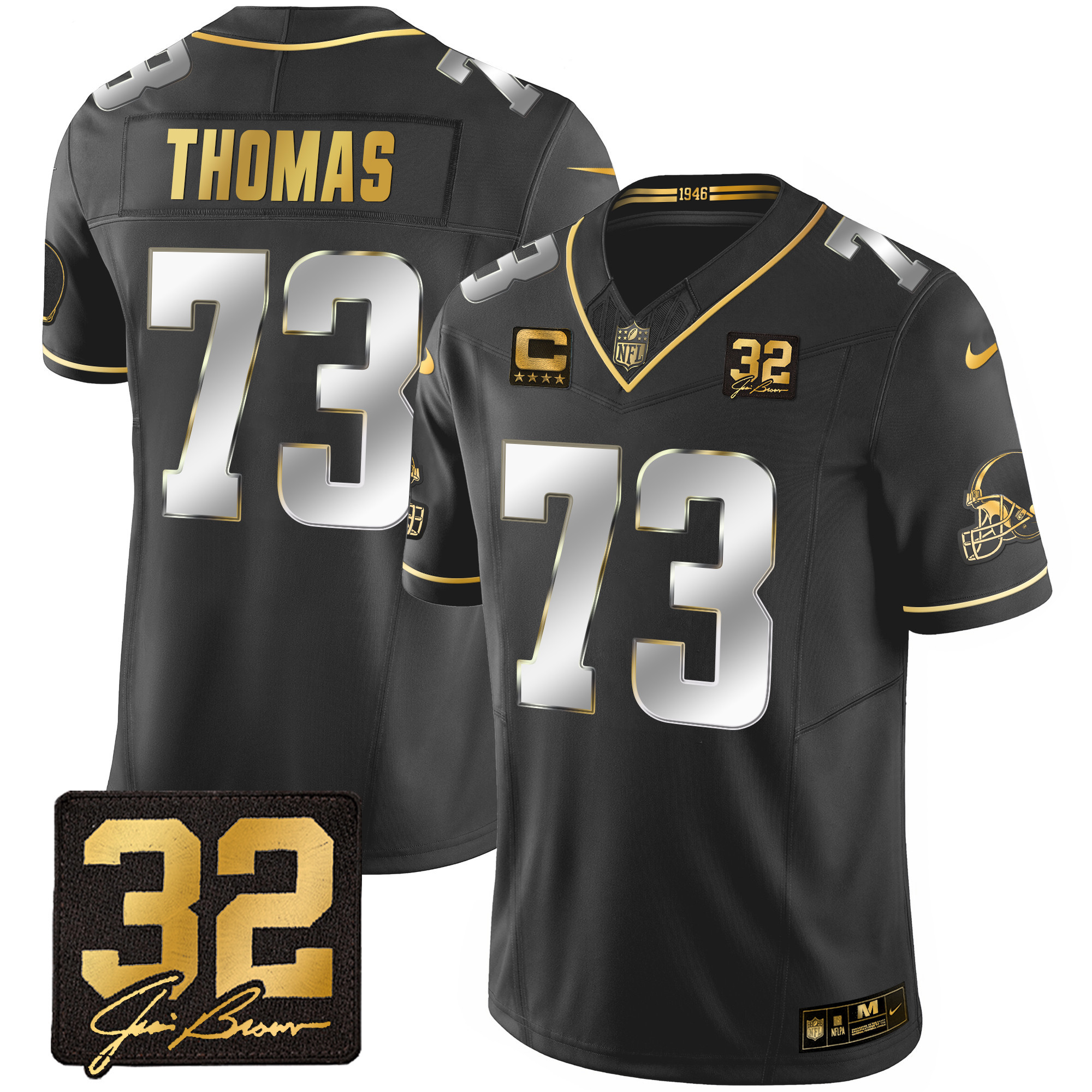 Joe Thomas Men's Cleveland Browns #32 Jim Brown Memorial Patch Gold Black Limited Jersey - All Stitched