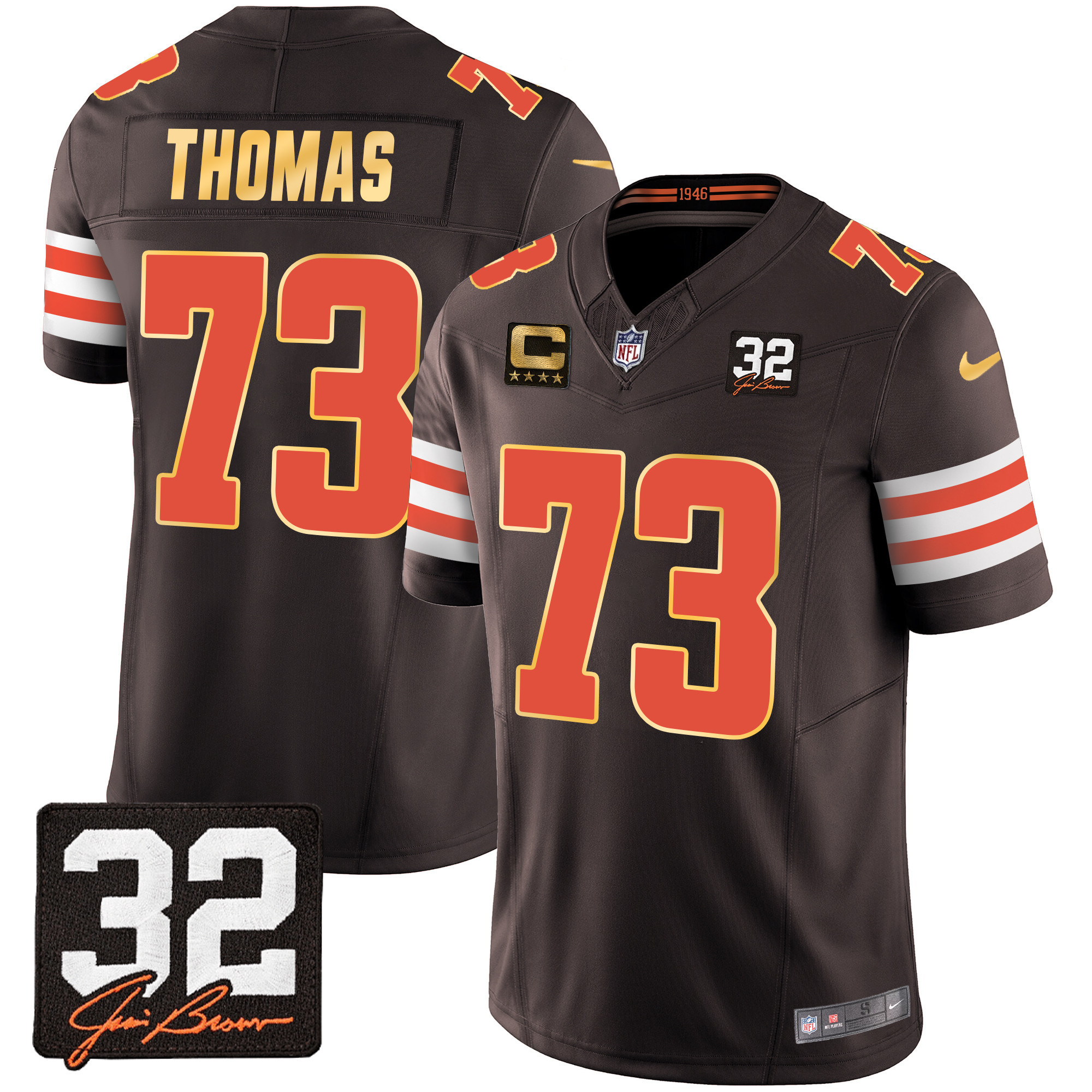 Joe Thomas Men's Cleveland Browns #32 Jim Brown Memorial Patch Gold Trim Brown Jersey - All Stitched