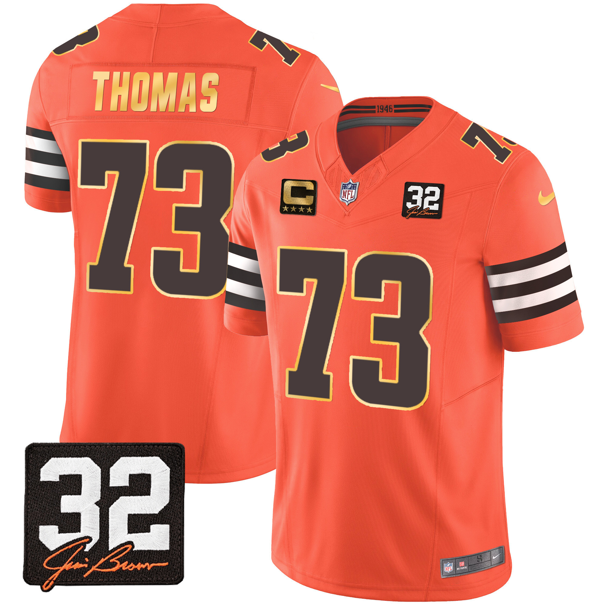 Joe Thomas Men's Cleveland Browns #32 Jim Brown Memorial Patch Gold Trim Orange Jersey - All Stitched