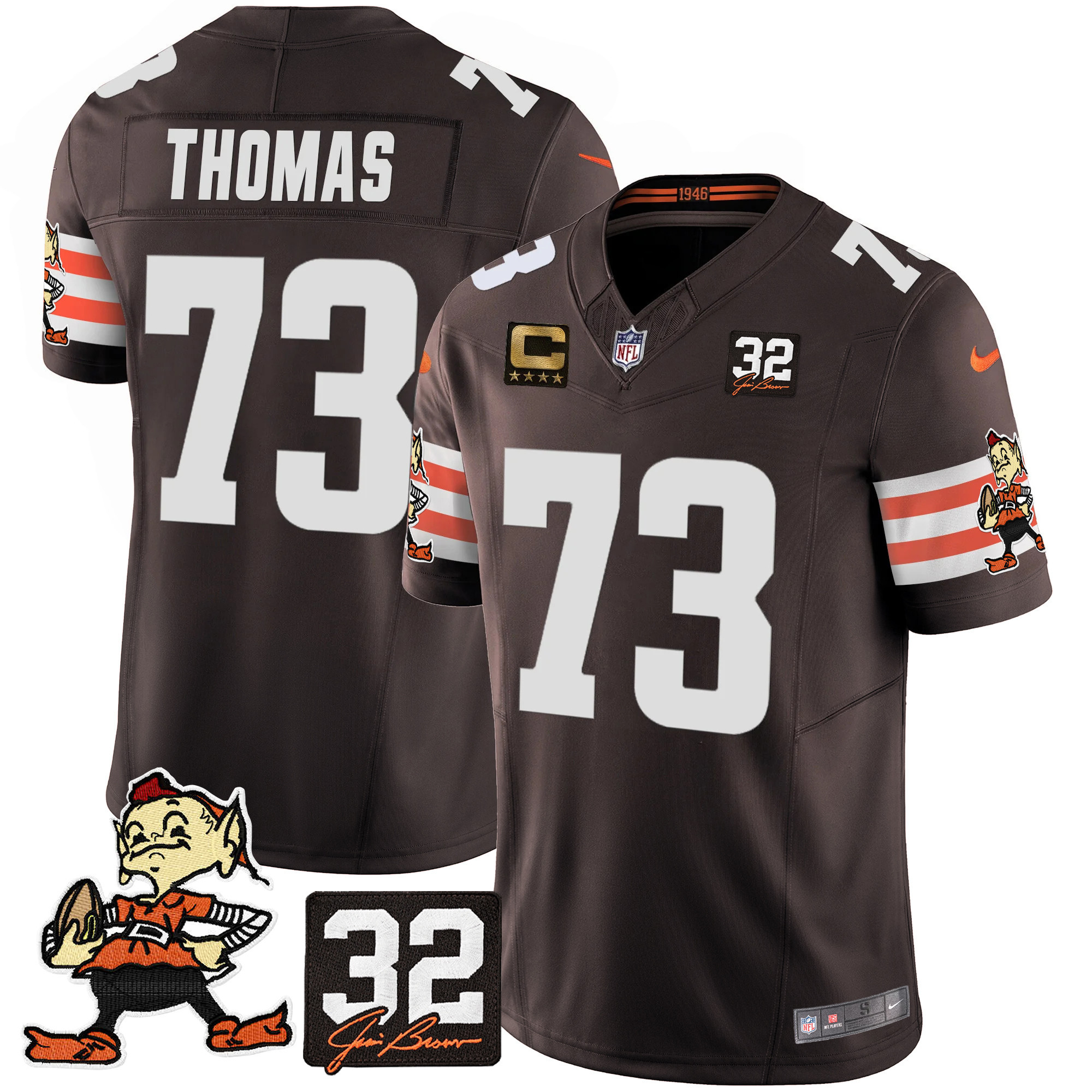 Joe Thomas Men's Cleveland Browns #32 Jim Brown Memorial Patch Vapor Limited Brown Jersey - All Stitched