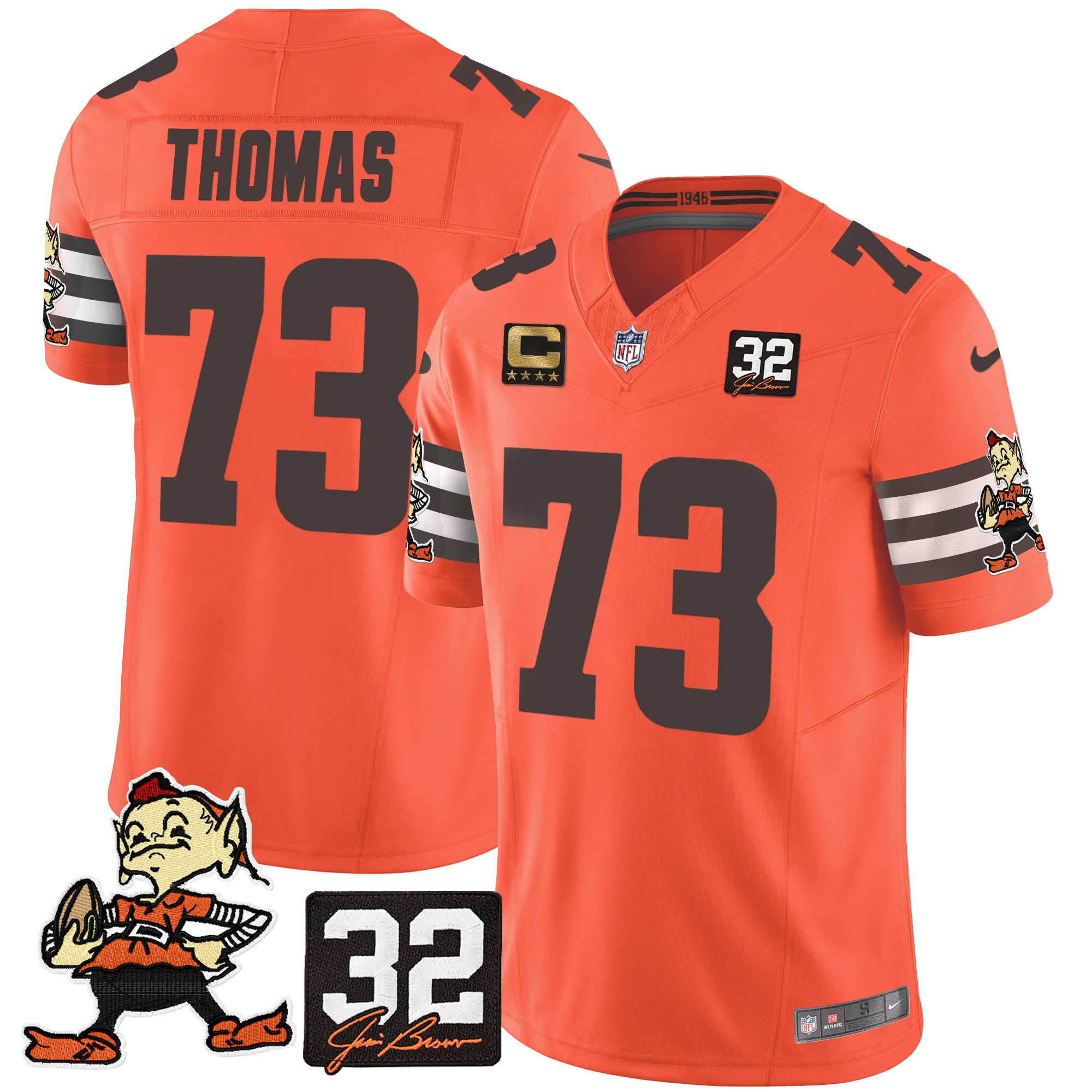Joe Thomas Men's Cleveland Browns #32 Jim Brown Memorial Patch Vapor Limited Orange Jersey - All Stitched