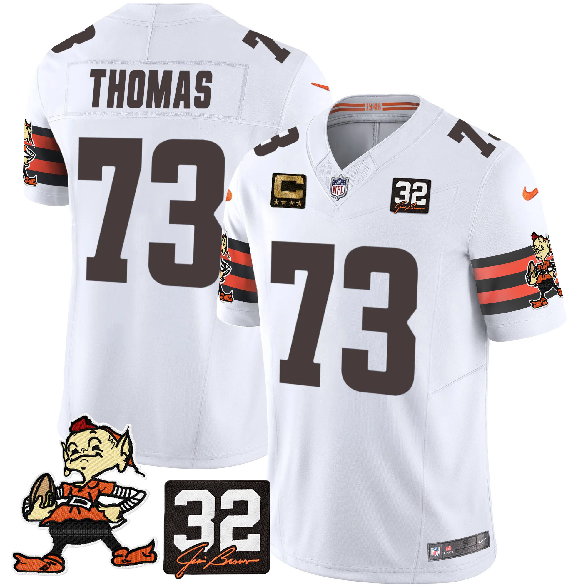 Joe Thomas Men's Cleveland Browns #32 Jim Brown Memorial Patch Vapor Limited White Jersey - All Stitched