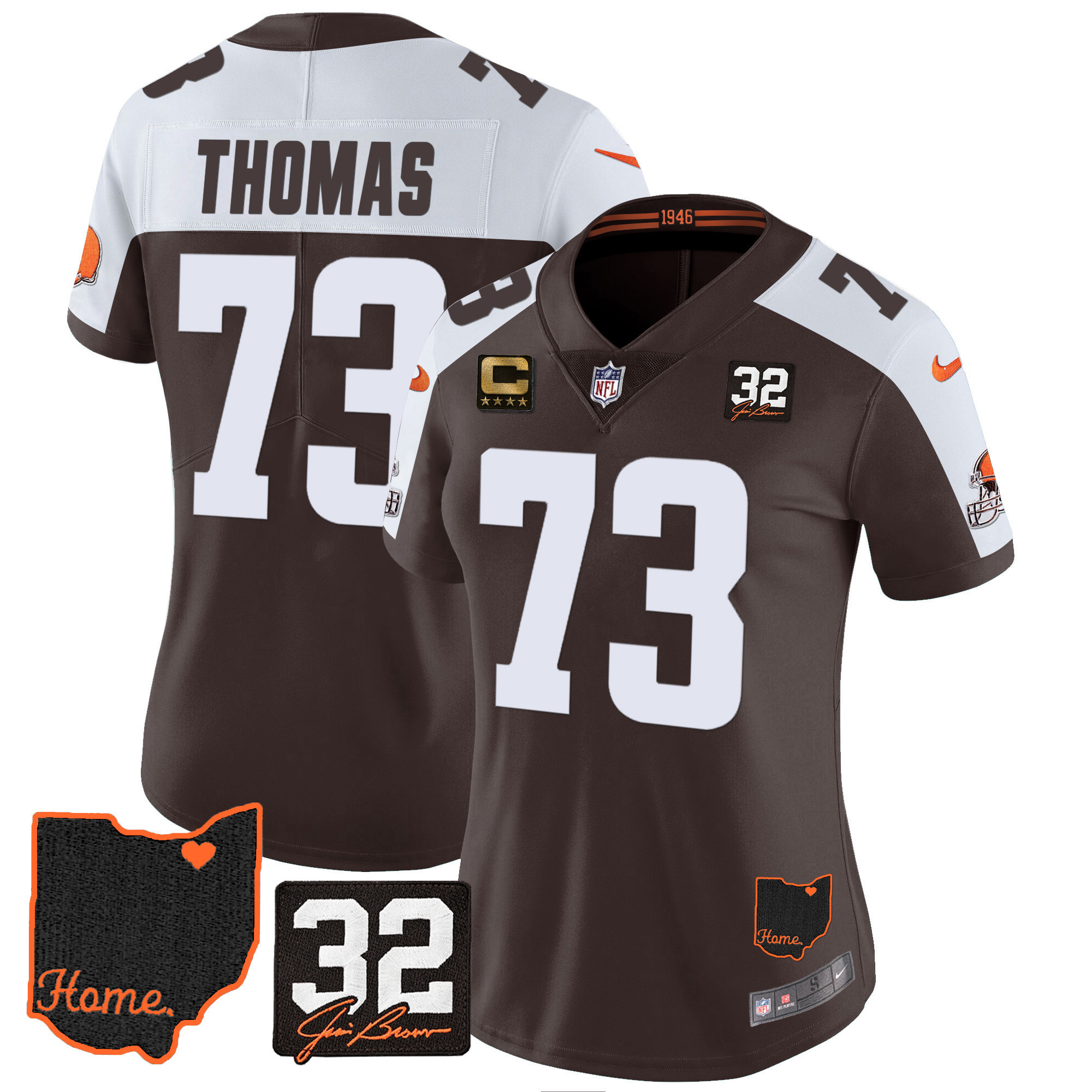 Joe Thomas Women's Cleveland Browns #32 Jim Brown Memorial & Home Patch Alternate Jersey - All Stitched
