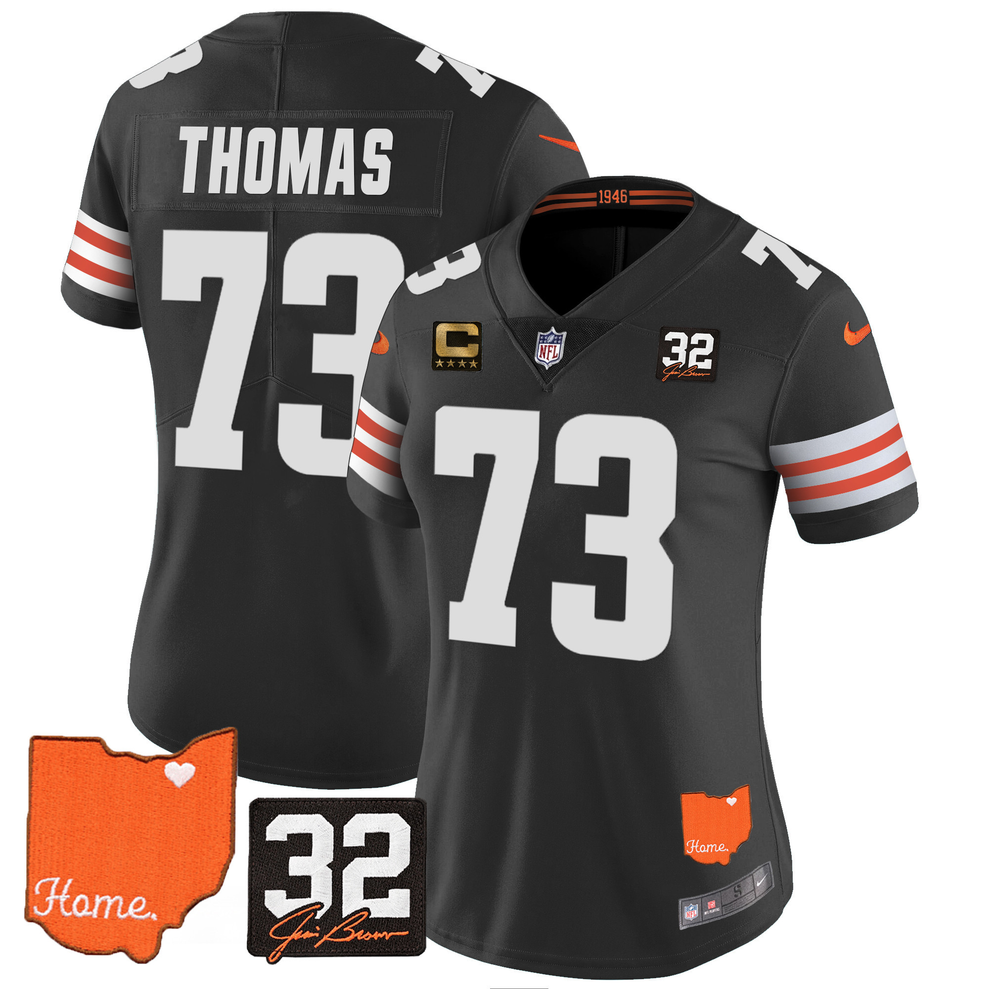 Joe Thomas Women's Cleveland Browns #32 Jim Brown Memorial & Home Patch Black Jersey - All Stitched