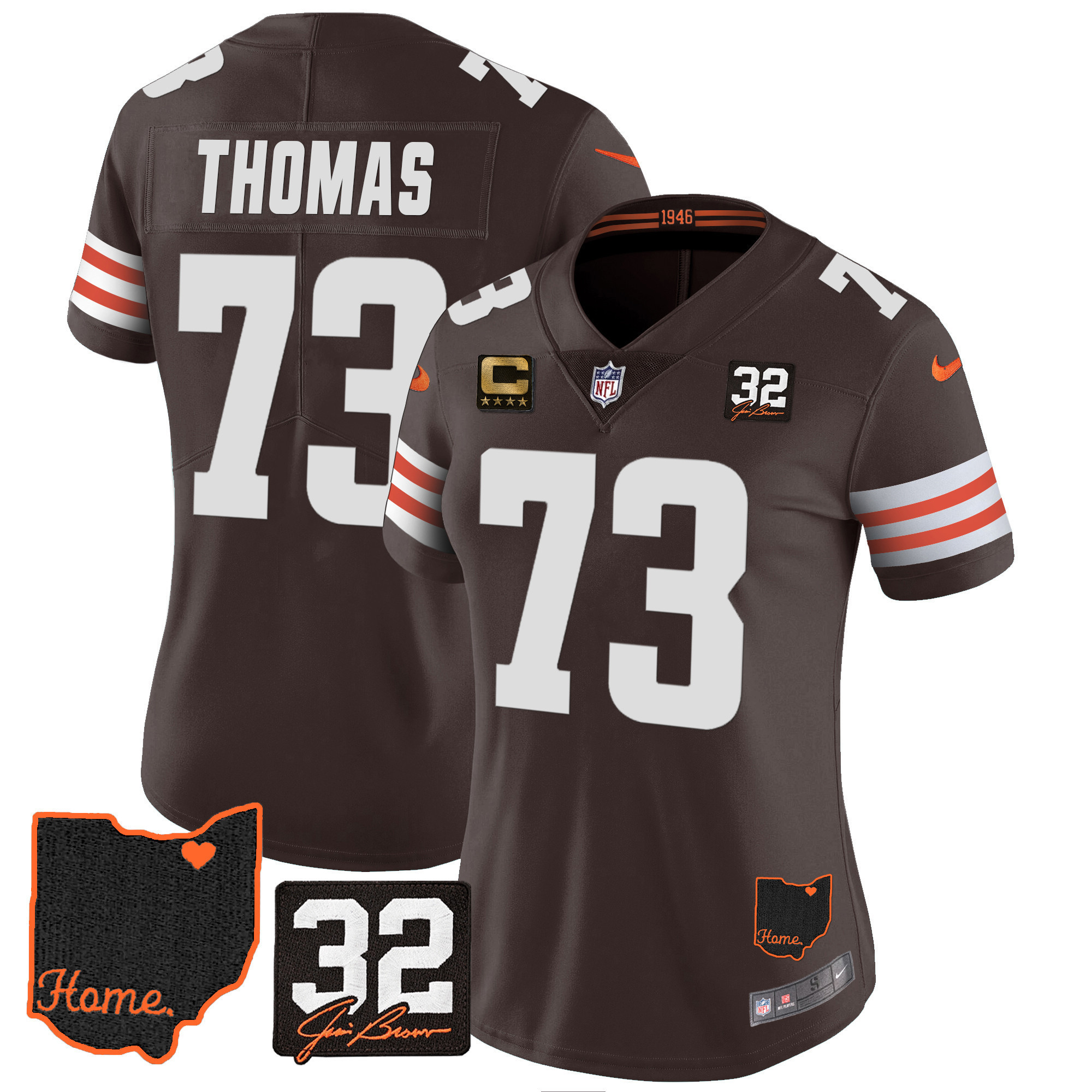 Joe Thomas Women's Cleveland Browns #32 Jim Brown Memorial & Home Patch Brown Jersey - All Stitched