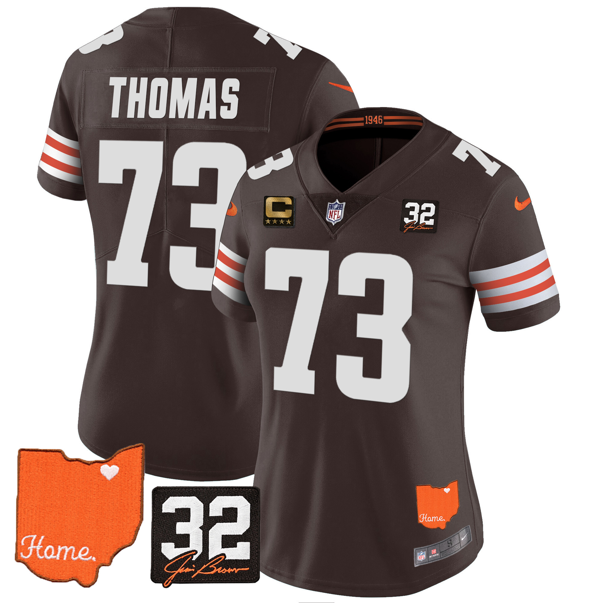 Joe Thomas Women's Cleveland Browns #32 Jim Brown Memorial & Home Patch Brown Jersey - All Stitched