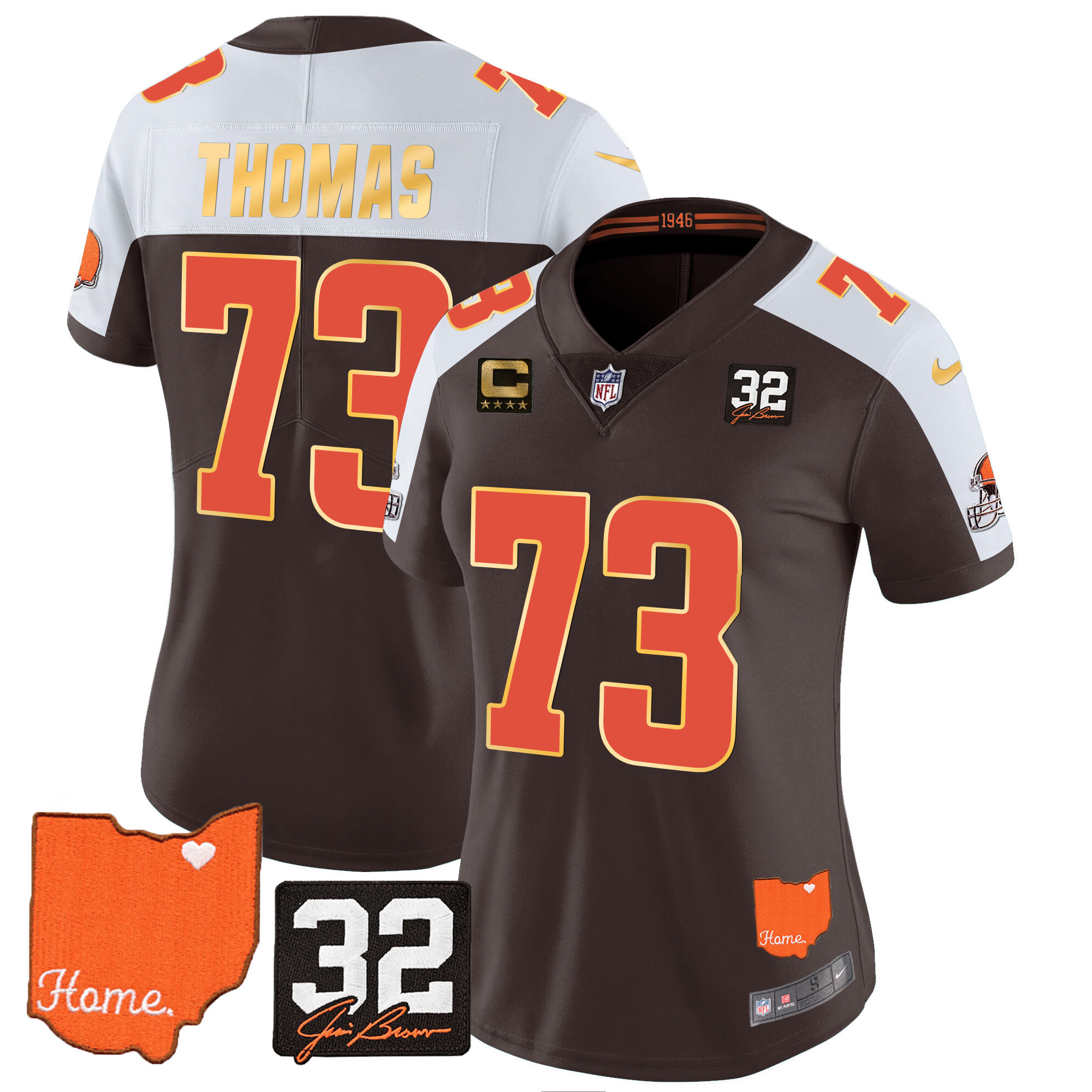 Joe Thomas Women's Cleveland Browns #32 Jim Brown Memorial & Home Patch Gold Trim Alternate Jersey - All Stitched