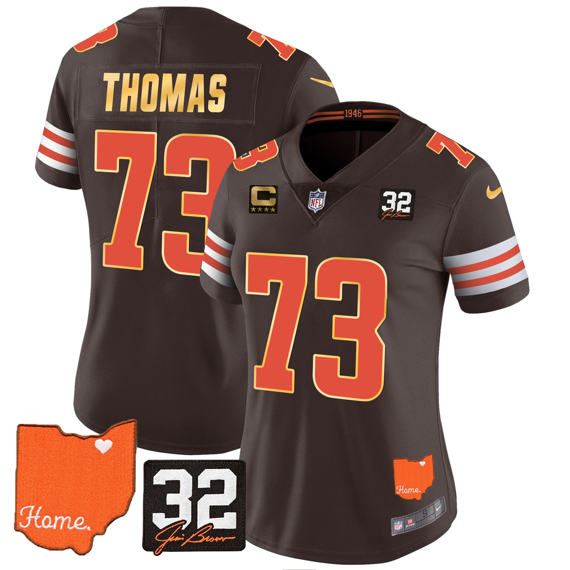 Joe Thomas Women's Cleveland Browns #32 Jim Brown Memorial & Home Patch Gold Trim Brown Jersey - All Stitched