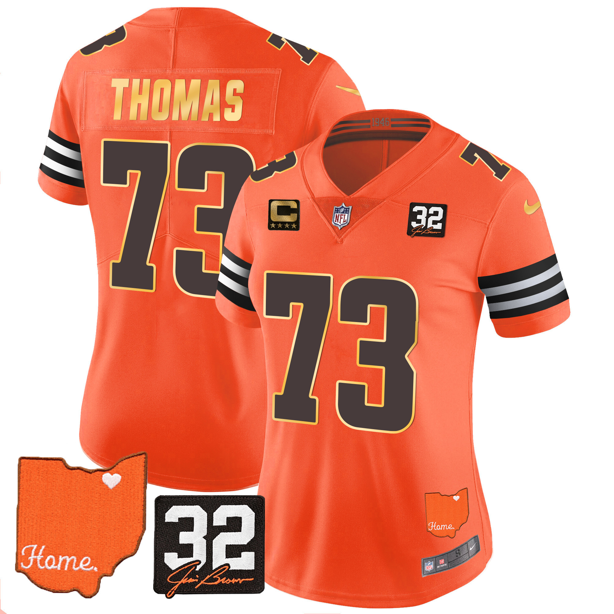 Joe Thomas Women's Cleveland Browns #32 Jim Brown Memorial & Home Patch Gold Trim Orange Jersey - All Stitched
