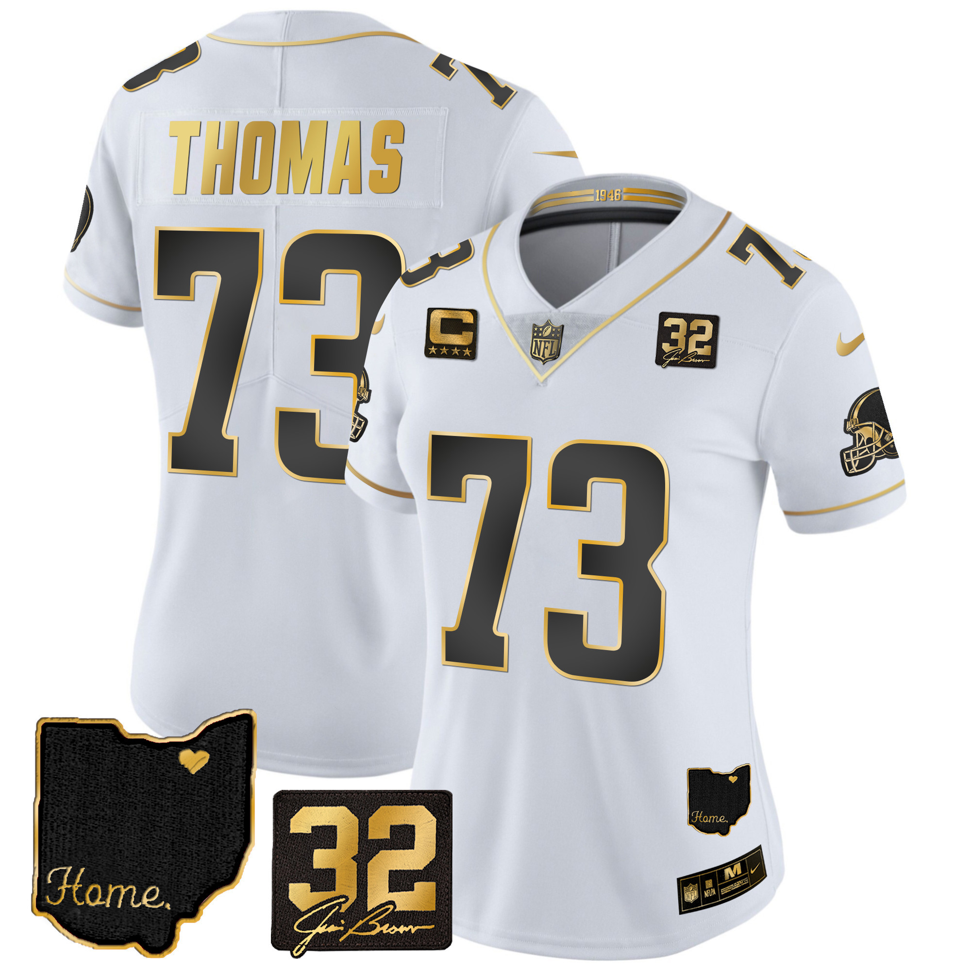 Joe Thomas Women's Cleveland Browns #32 Jim Brown Memorial & Home Patch Gold White Gold Jersey - All Stitched