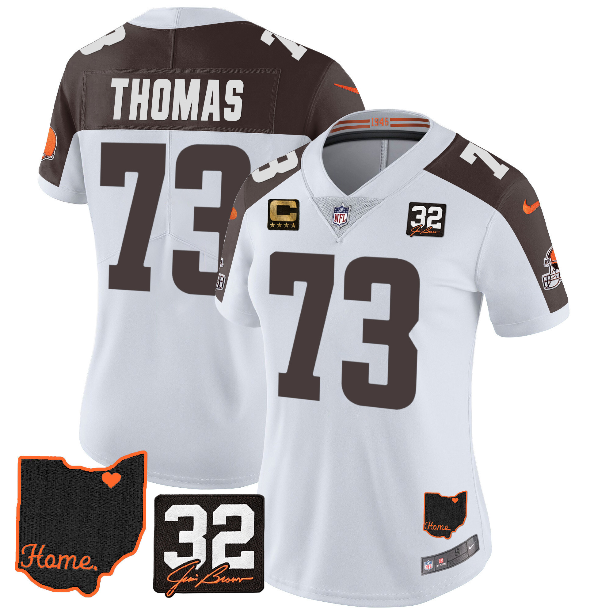 Joe Thomas Women's Cleveland Browns #32 Jim Brown Memorial & Home Patch Inverted Jersey - All Stitched