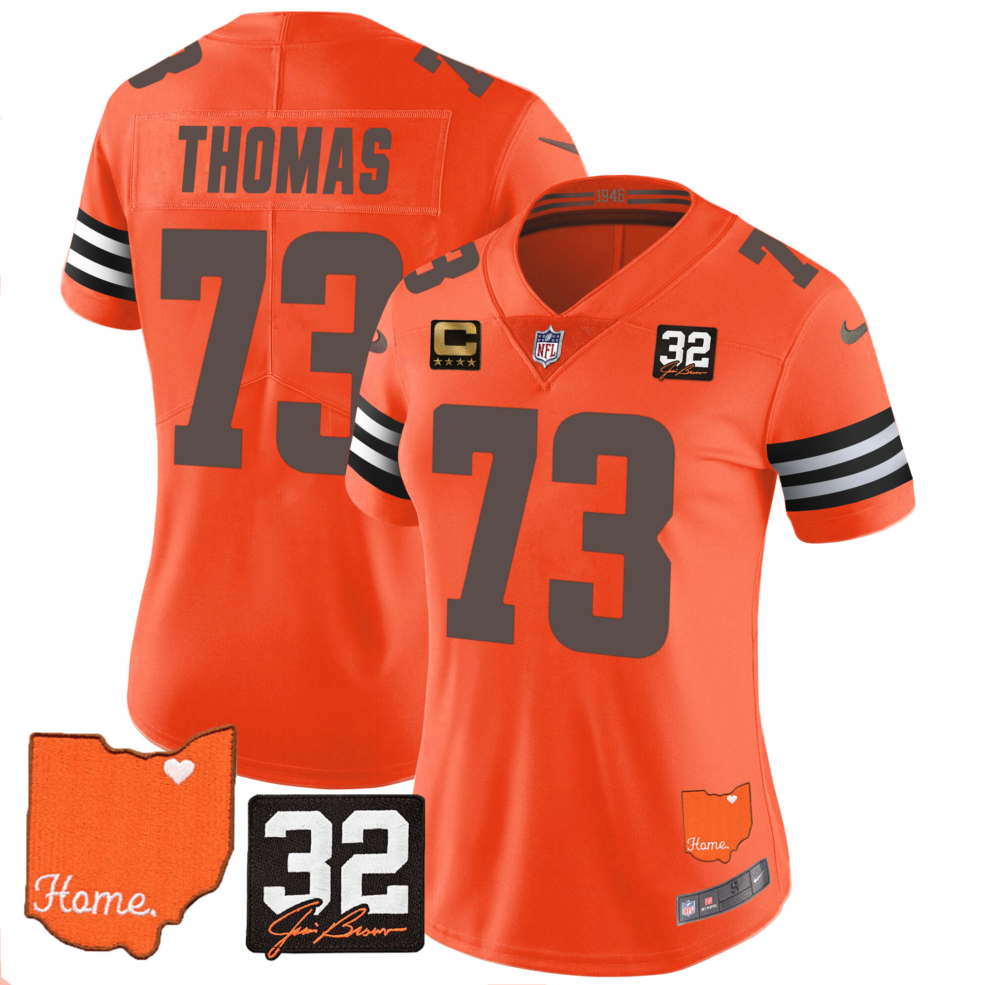 Joe Thomas Women's Cleveland Browns #32 Jim Brown Memorial & Home Patch Orange Jersey - All Stitched