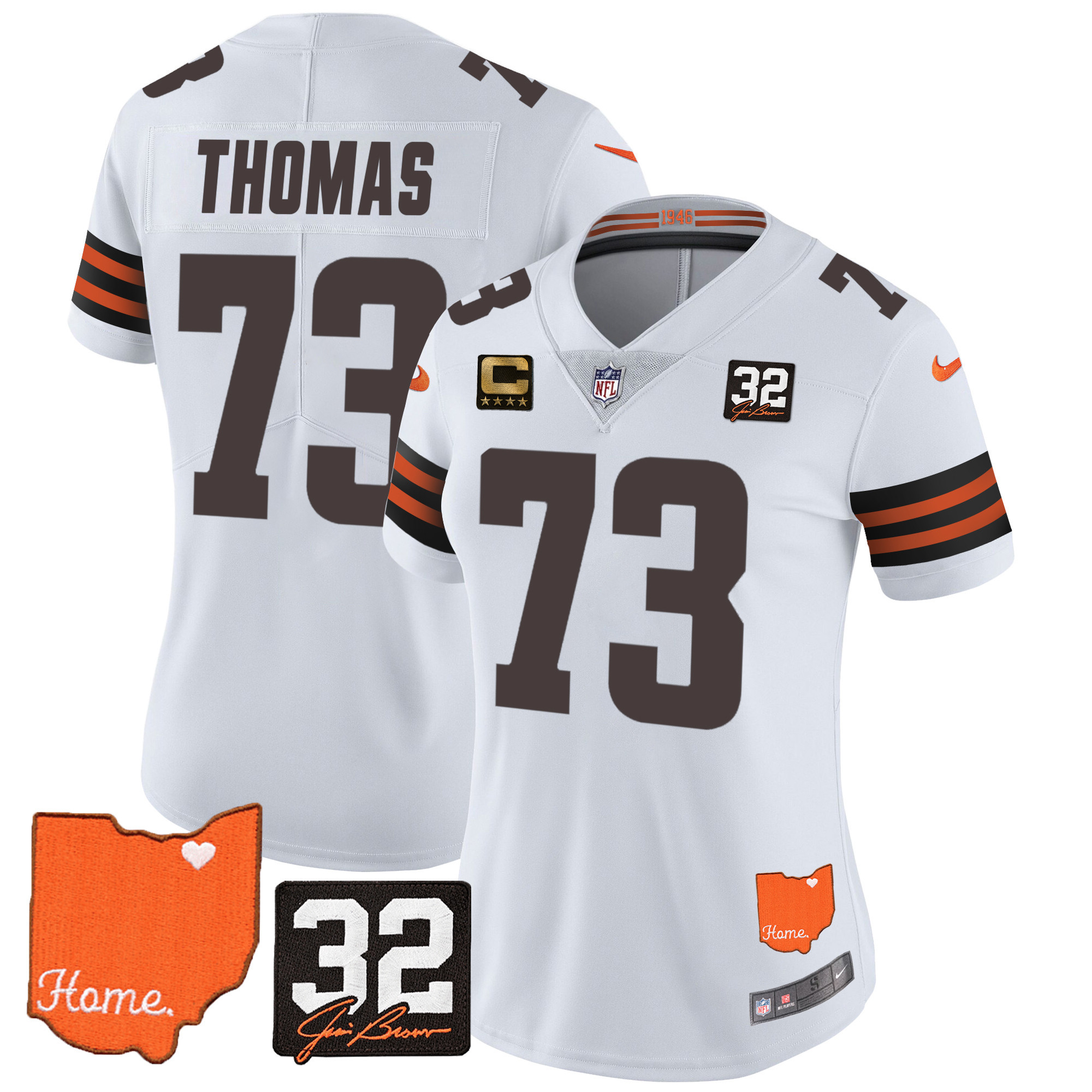 Joe Thomas Women's Cleveland Browns #32 Jim Brown Memorial & Home Patch White Jersey - All Stitched