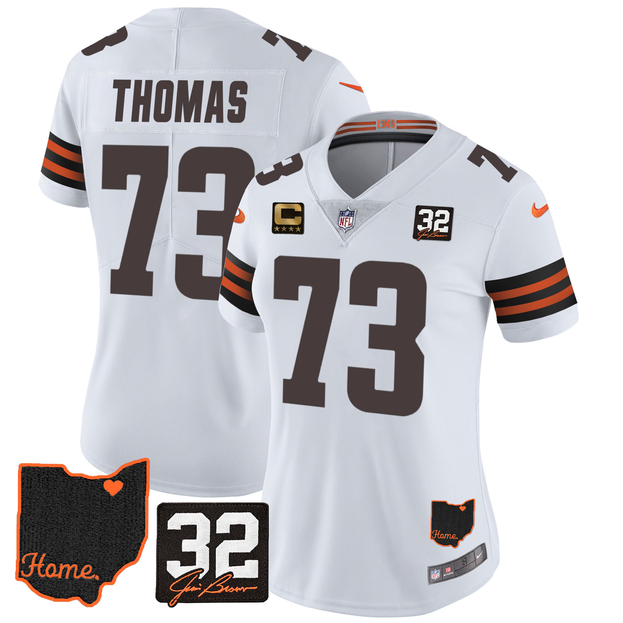 Joe Thomas Women's Cleveland Browns #32 Jim Brown Memorial & Home Patch White Jersey - All Stitched