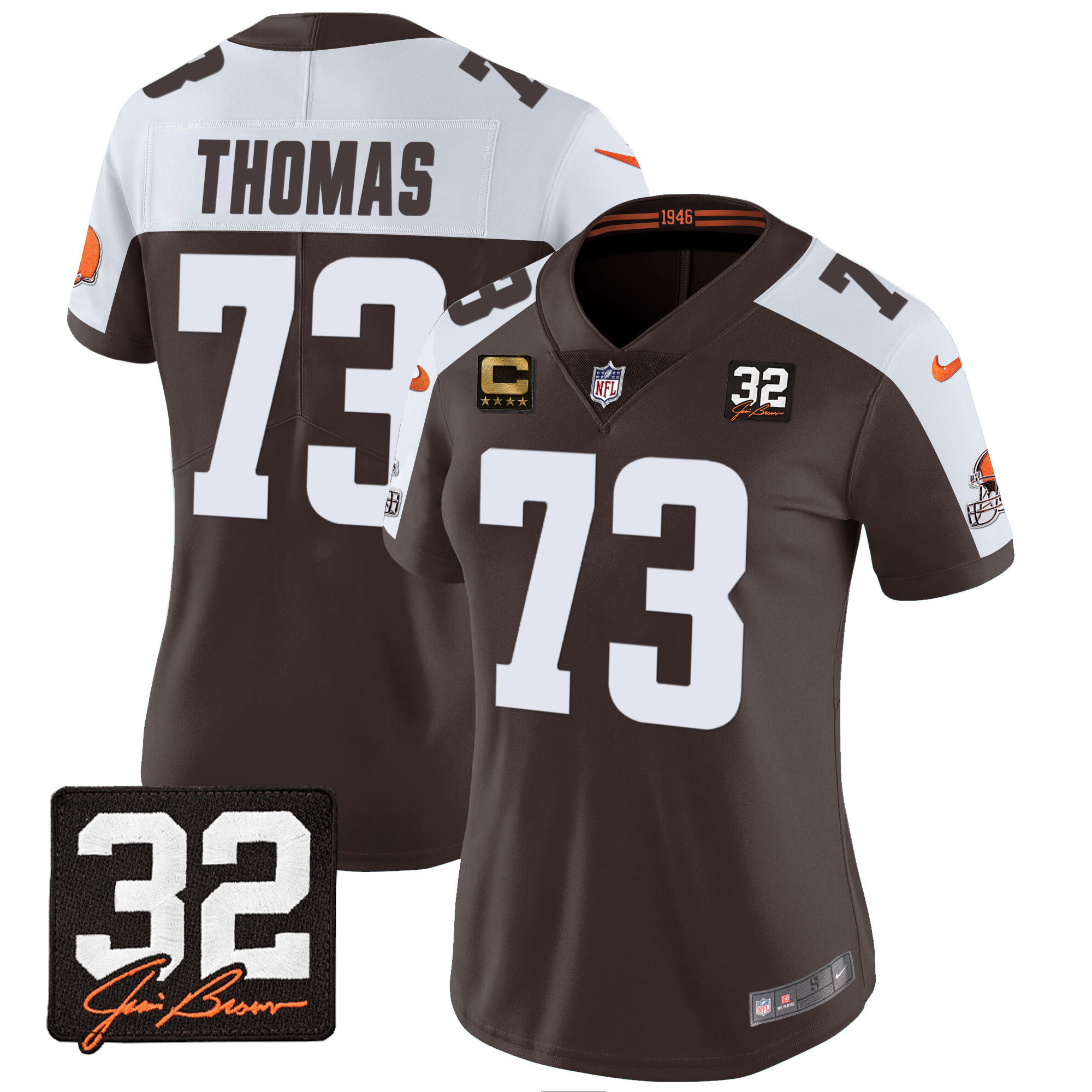 Joe Thomas Women's Cleveland Browns #32 Jim Brown Memorial Patch Alternate Jersey - All Stitched
