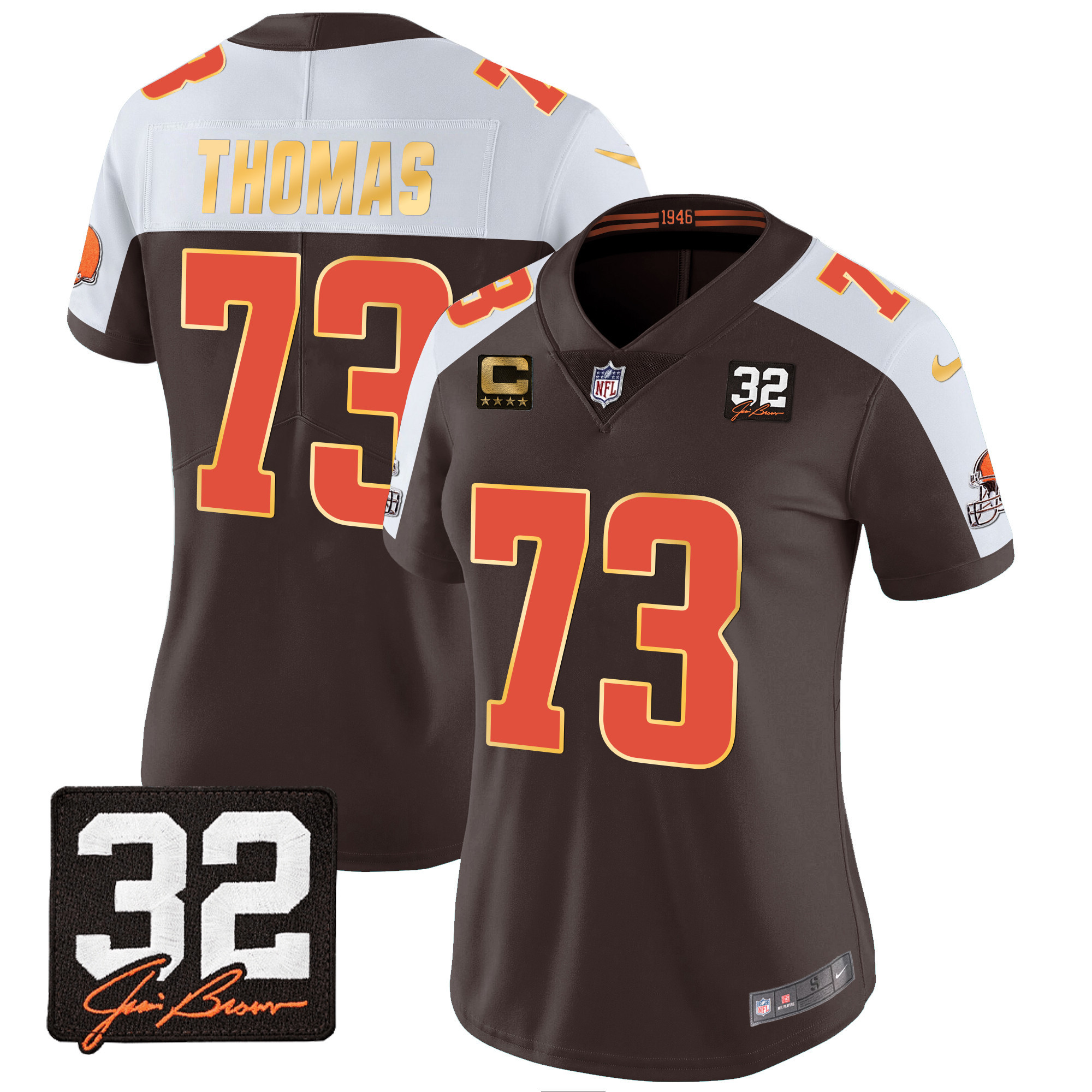 Joe Thomas Women's Cleveland Browns #32 Jim Brown Memorial Patch Gold Trim Alternate Jersey - All Stitched