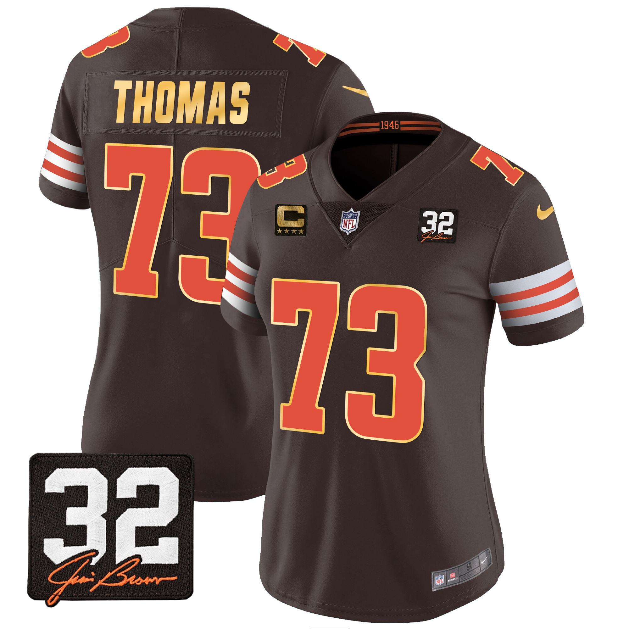 Joe Thomas Women's Cleveland Browns #32 Jim Brown Memorial Patch Gold Trim Brown Jersey - All Stitched