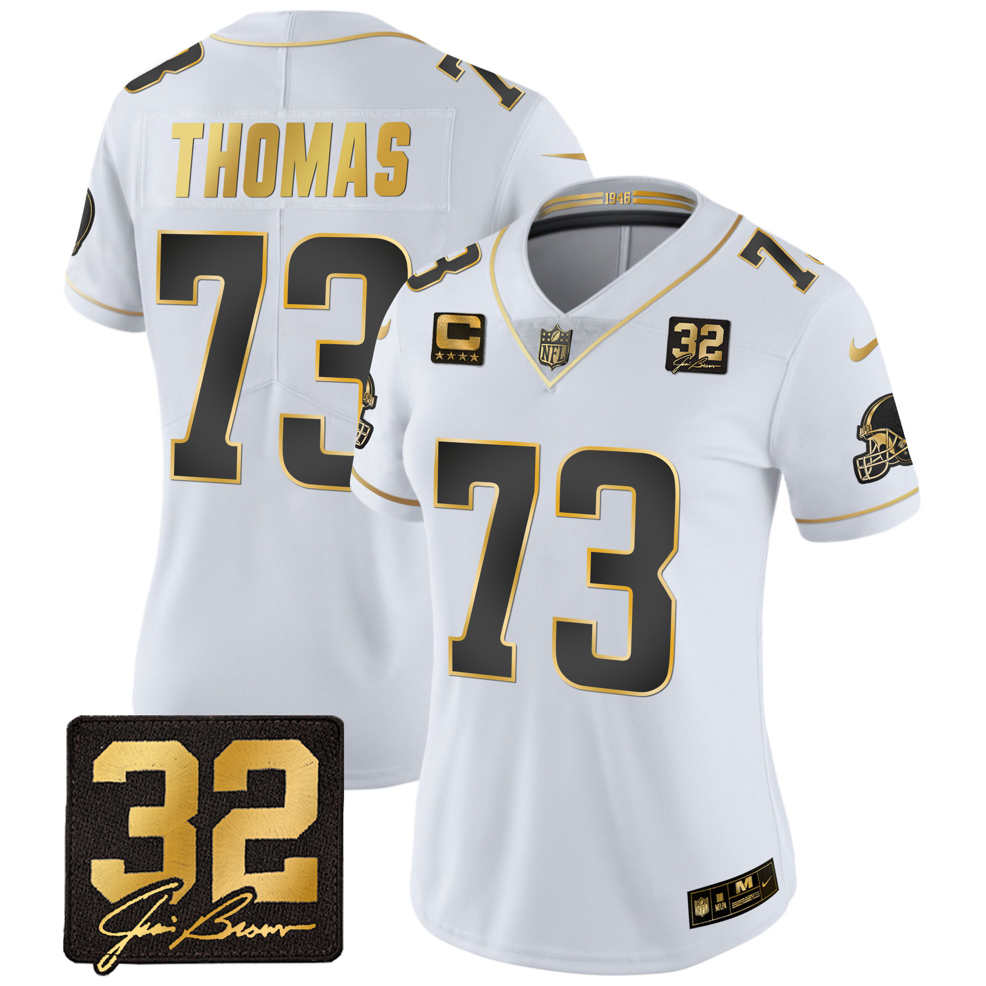 Joe Thomas Women's Cleveland Browns #32 Jim Brown Memorial Patch Gold White Gold Jersey - All Stitched