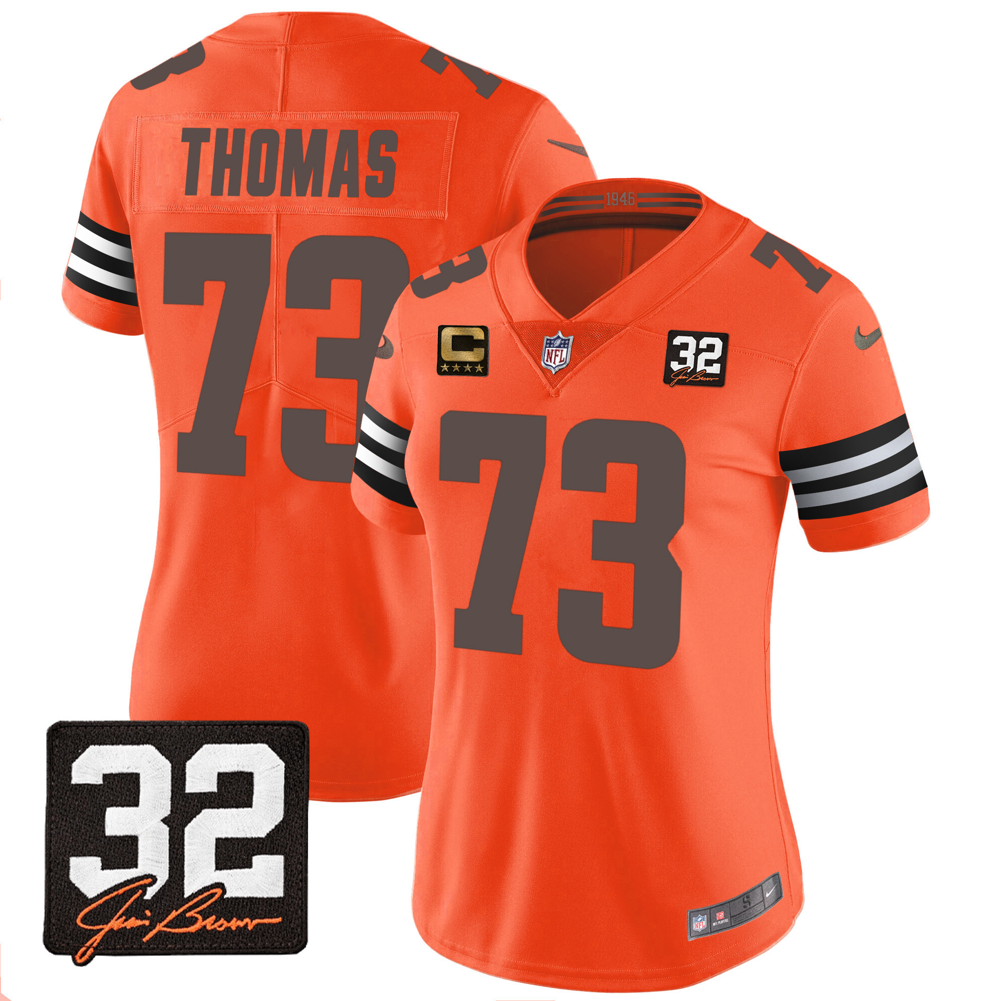 Joe Thomas Women's Cleveland Browns #32 Jim Brown Memorial Patch Orange Jersey - All Stitched