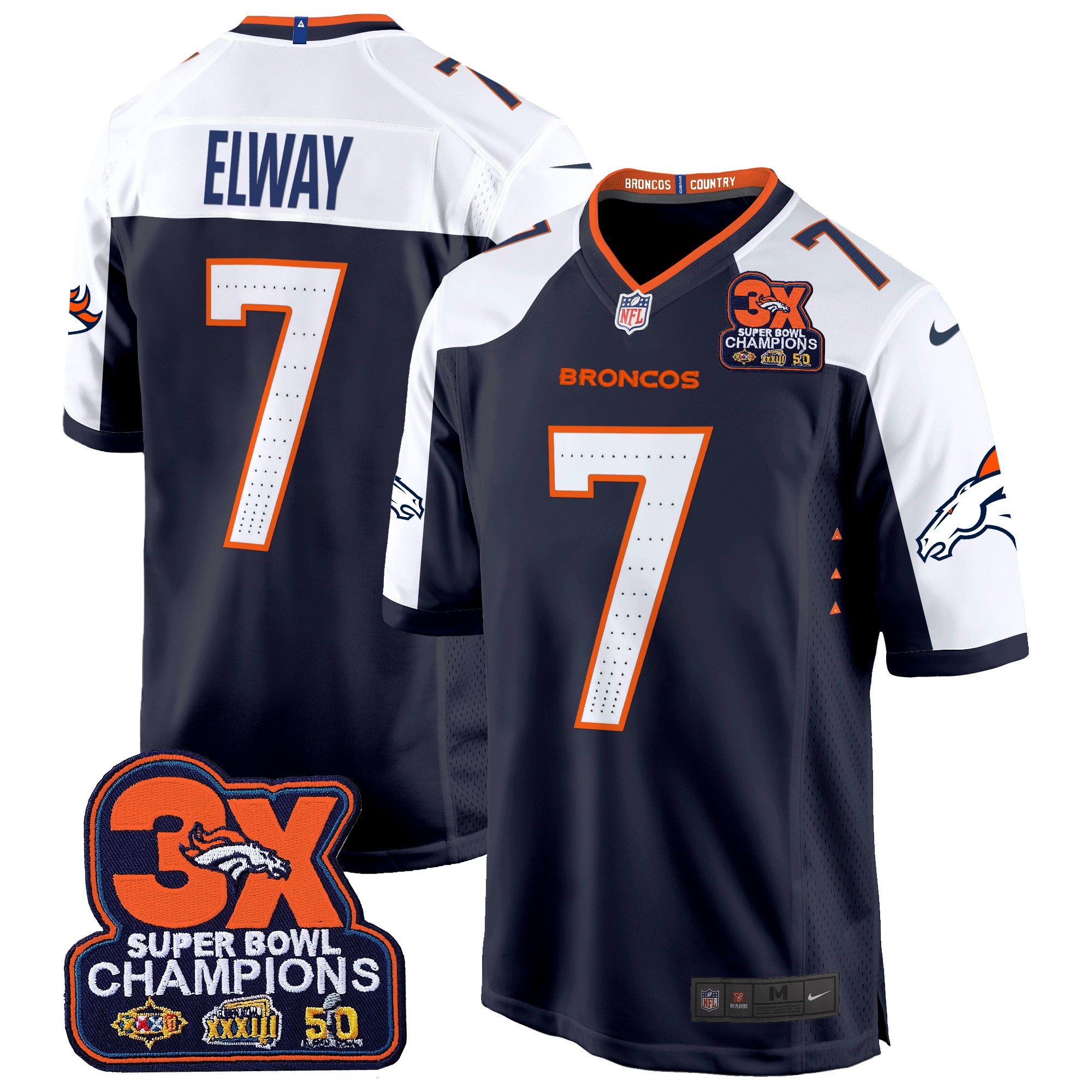 John Elway Men's Denver Broncos 3-Time Champions Patch Game Jersey - Al Stitched Navy Alternate Jersey - All Stitched