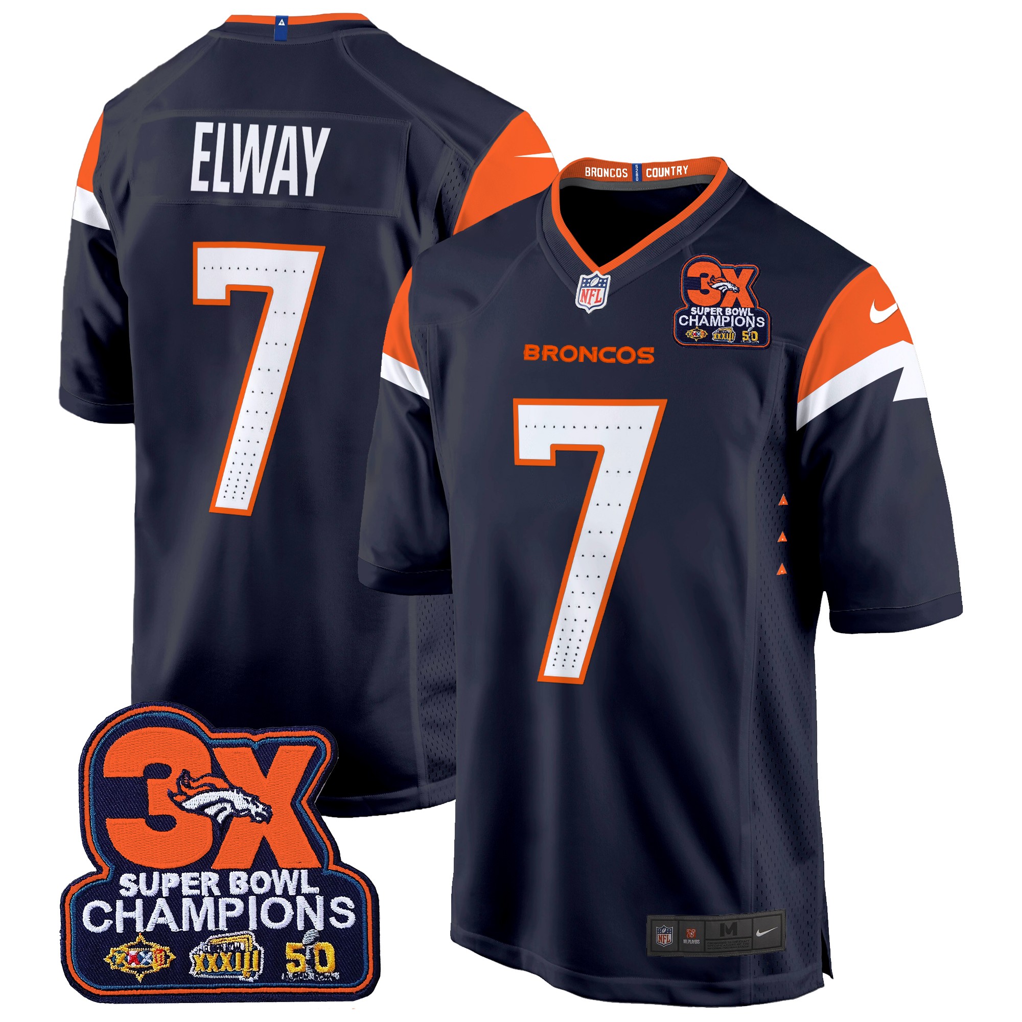 John Elway Men's Denver Broncos 3-Time Champions Patch Game Jersey - Al Stitched Navy Jersey - All Stitched