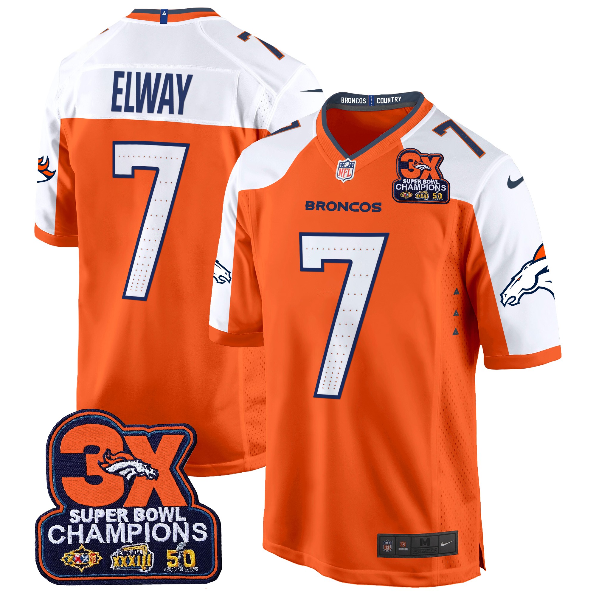 John Elway Men's Denver Broncos 3-Time Champions Patch Game Jersey - Al Stitched Orange Alternate Jersey - All Stitched